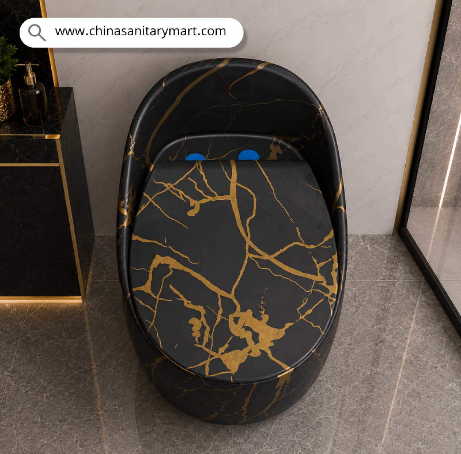 IS-T088MBC Matte Black Marble Shed Commode with luxurious matte black marble finish and elegant golden veins, one-piece ceramic floor mounted toilet featuring a soft close white seat for premium modern bathrooms by China Sanitary Mart.