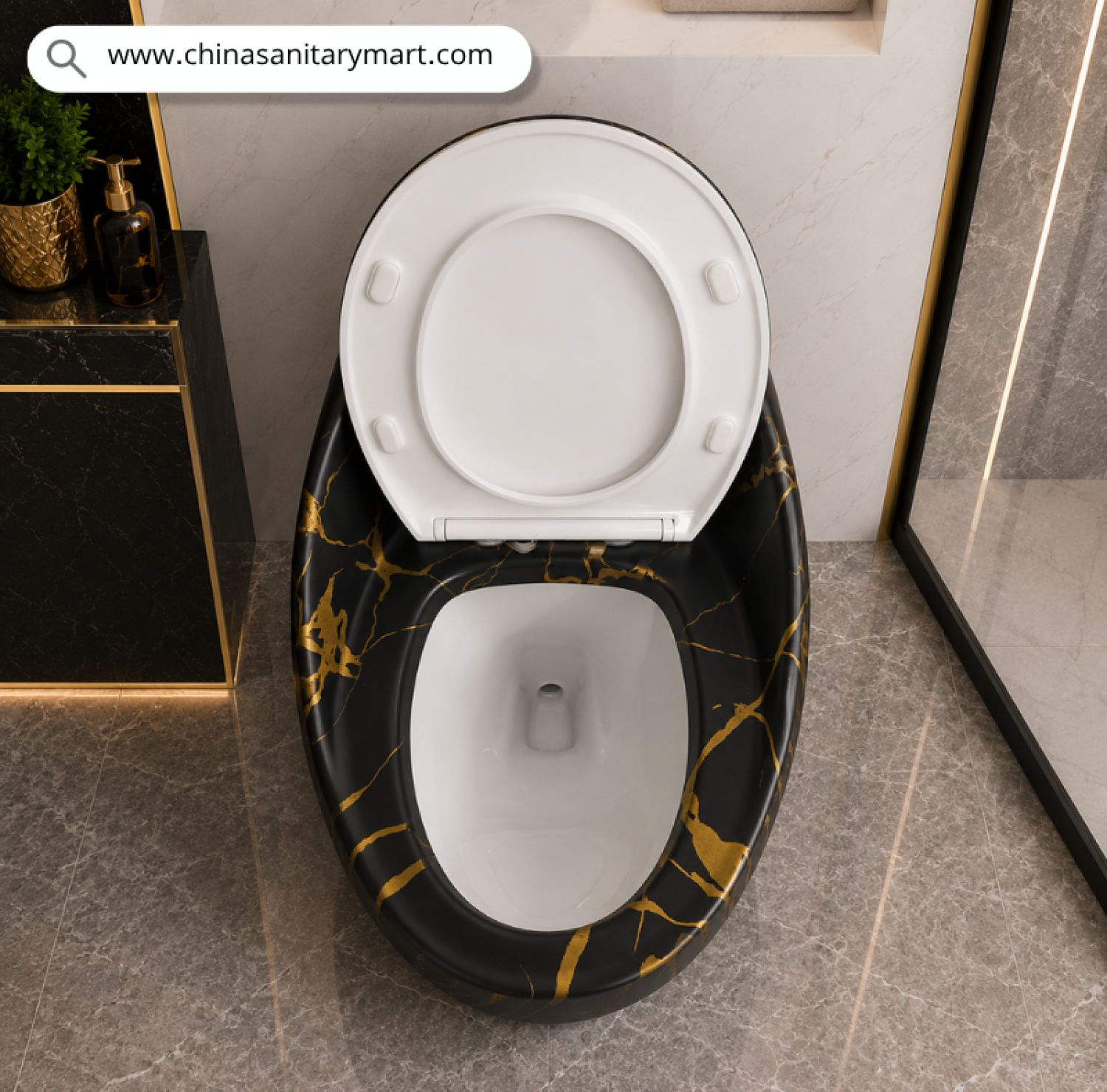 IS-T088MBC Matte Black Marble Shed Commode with luxurious matte black marble finish and elegant golden veins, one-piece ceramic floor mounted toilet featuring a soft close white seat for premium modern bathrooms by China Sanitary Mart.