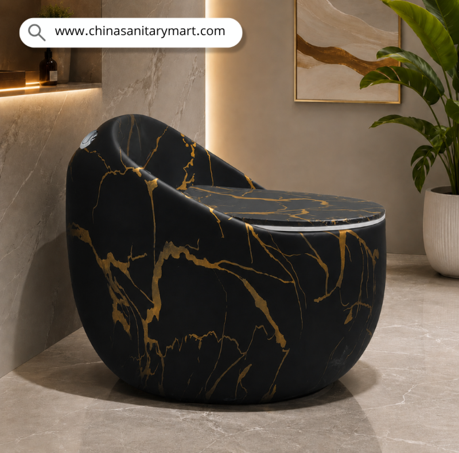 IS-T088MBC Matte Black Marble Shed Commode with luxurious matte black marble finish and elegant golden veins, one-piece ceramic floor mounted toilet featuring a soft close white seat for premium modern bathrooms by China Sanitary Mart.
