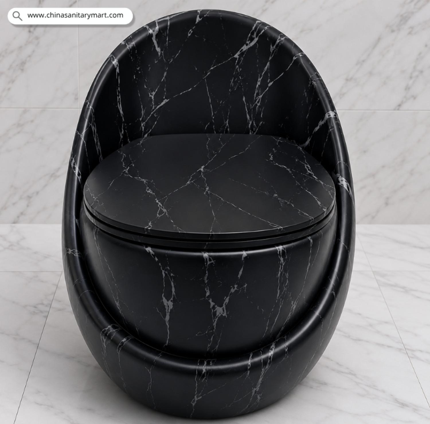 IS-T406F Matte Black Marble Shed Egg Shape Commode with elegant white marble veining, premium one-piece ceramic floor-mounted toilet featuring a soft close white seat, luxury designer bathroom sanitary ware by China Sanitary Mart.