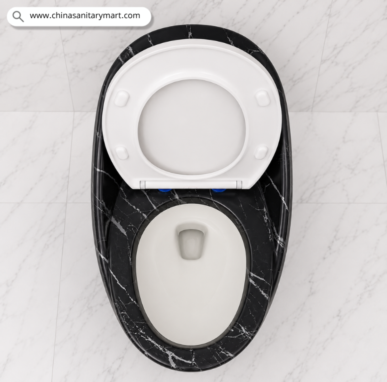 IS-T406F Matte Black Marble Shed Egg Shape Commode with elegant white marble veining, premium one-piece ceramic floor-mounted toilet featuring a soft close white seat, luxury designer bathroom sanitary ware by China Sanitary Mart.