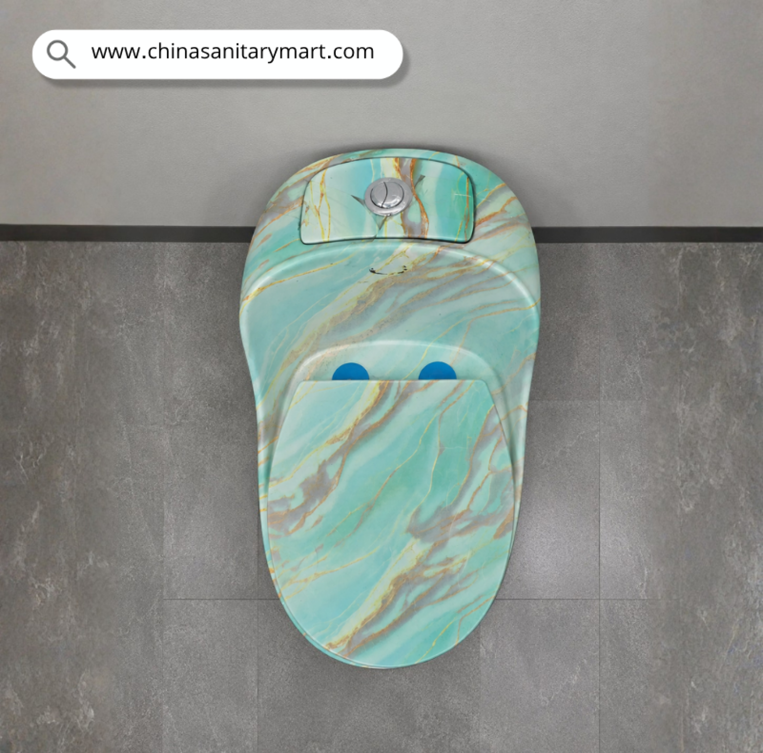 IS-T303MBA Blue Marble Shed One Piece Commode with premium blue marble finish and elegant golden veining, luxury ceramic floor-mounted toilet featuring a soft close seat for modern designer bathrooms by China Sanitary Mart.
