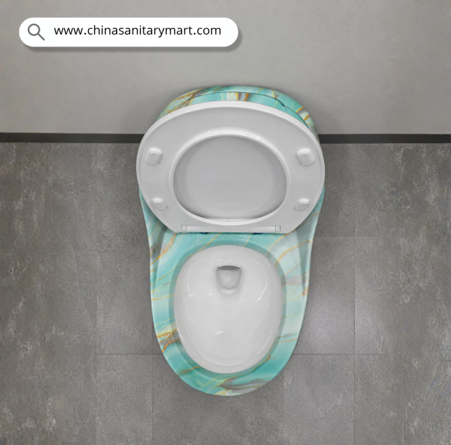 IS-T303MBA Blue Marble Shed One Piece Commode with premium blue marble finish and elegant golden veining, luxury ceramic floor-mounted toilet featuring a soft close seat for modern designer bathrooms by China Sanitary Mart.