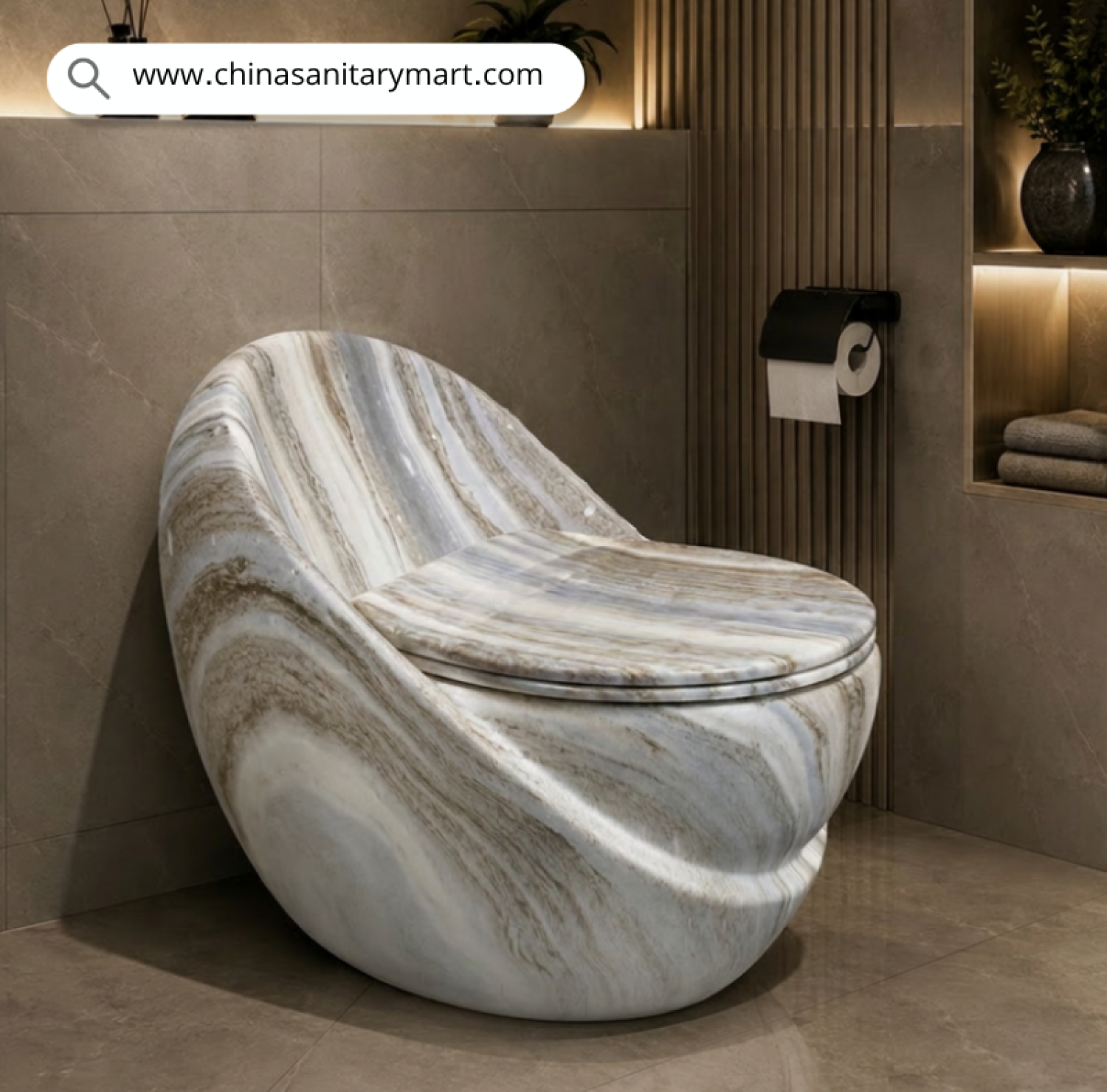 IS-T406C Unique Marble Shed Egg Shape Commode with premium grey and white marble finish, luxury one-piece ceramic floor-mounted toilet featuring a soft close white seat for modern designer bathrooms by China Sanitary Mart.