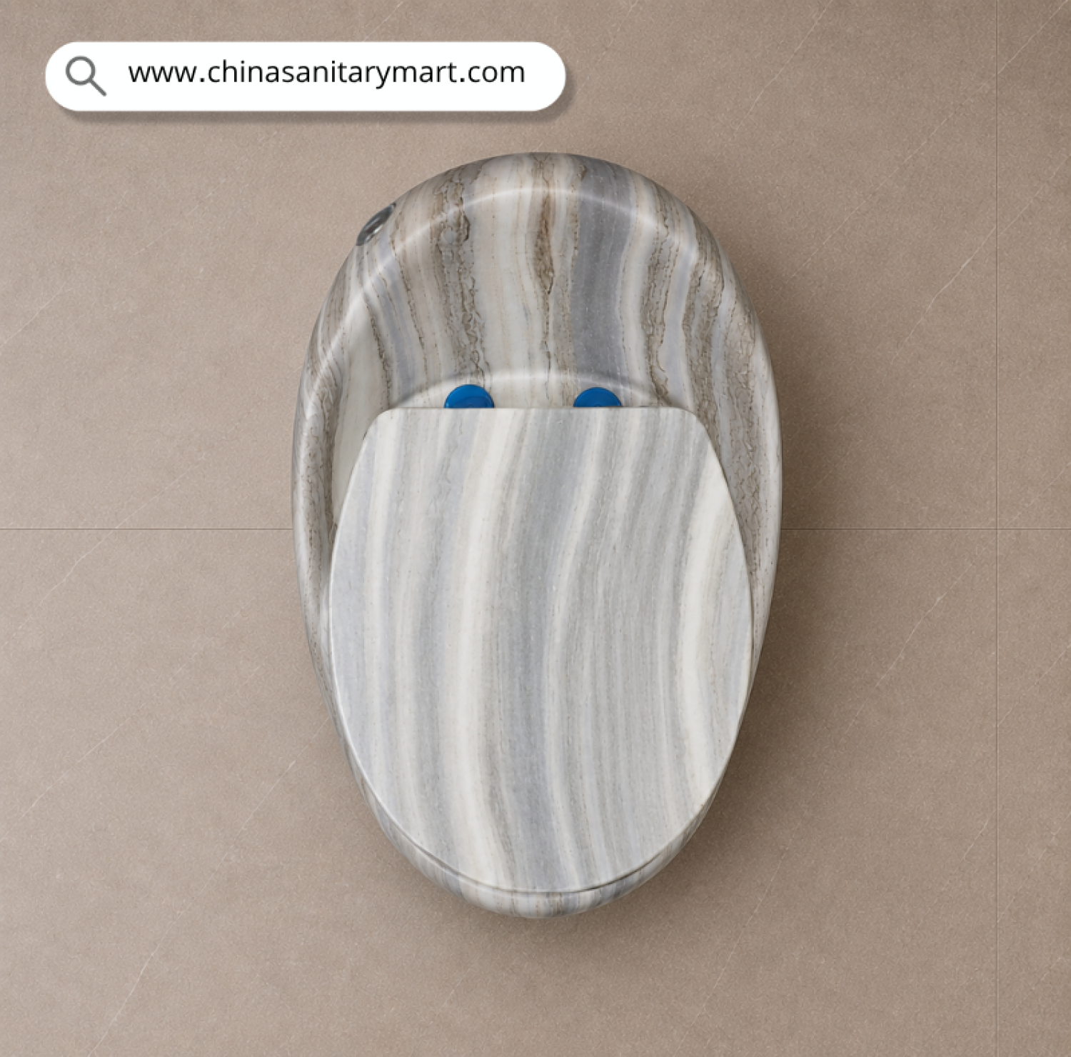 IS-T406C Unique Marble Shed Egg Shape Commode with premium grey and white marble finish, luxury one-piece ceramic floor-mounted toilet featuring a soft close white seat for modern designer bathrooms by China Sanitary Mart.