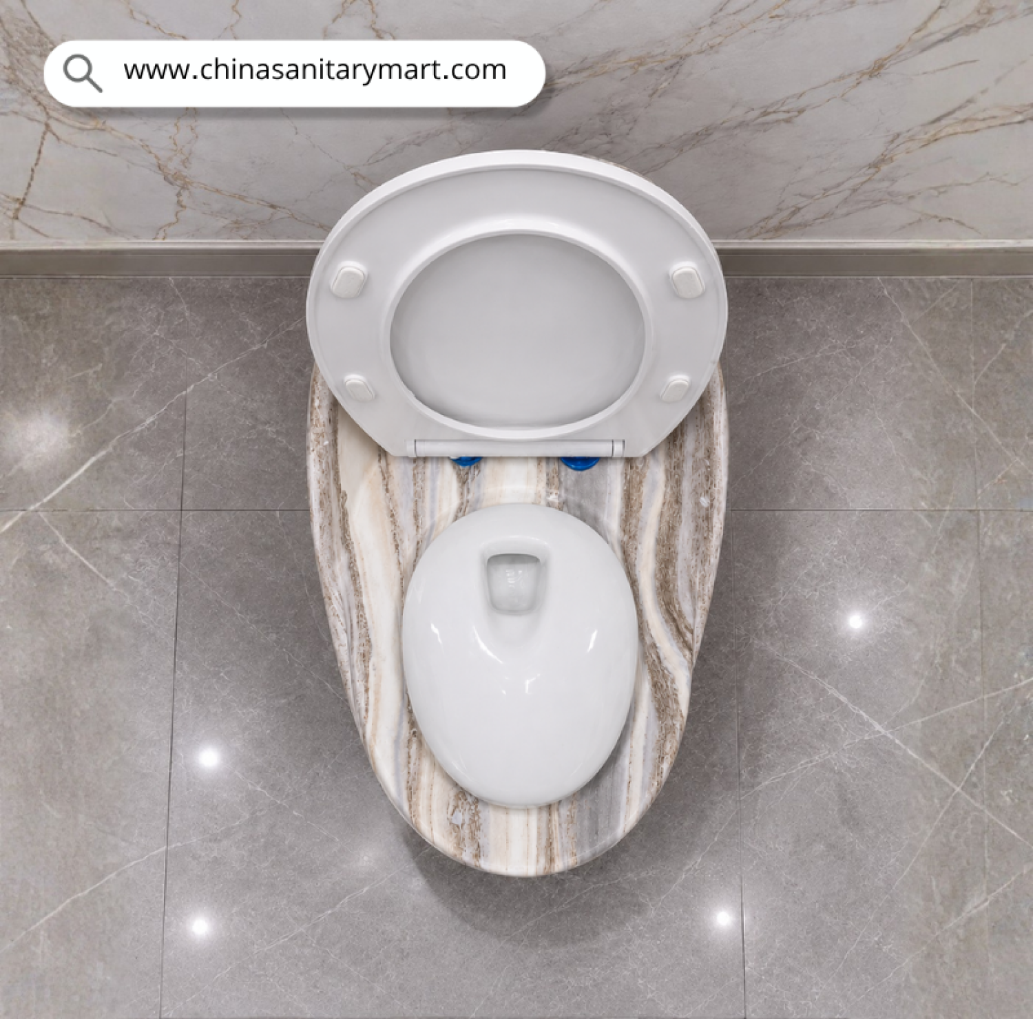 IS-T406C Unique Marble Shed Egg Shape Commode with premium grey and white marble finish, luxury one-piece ceramic floor-mounted toilet featuring a soft close white seat for modern designer bathrooms by China Sanitary Mart.