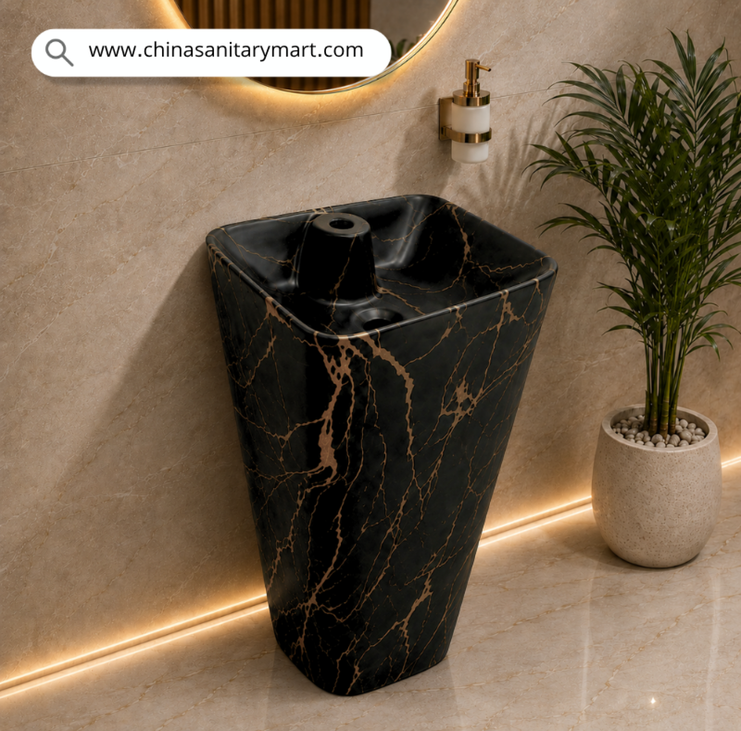 IS-PB304MB Matte Black Marble Shed Drum Basin with premium ceramic construction, elegant matte black marble finish and golden veining, luxury freestanding floor-mounted wash basin for modern residential and commercial bathrooms.