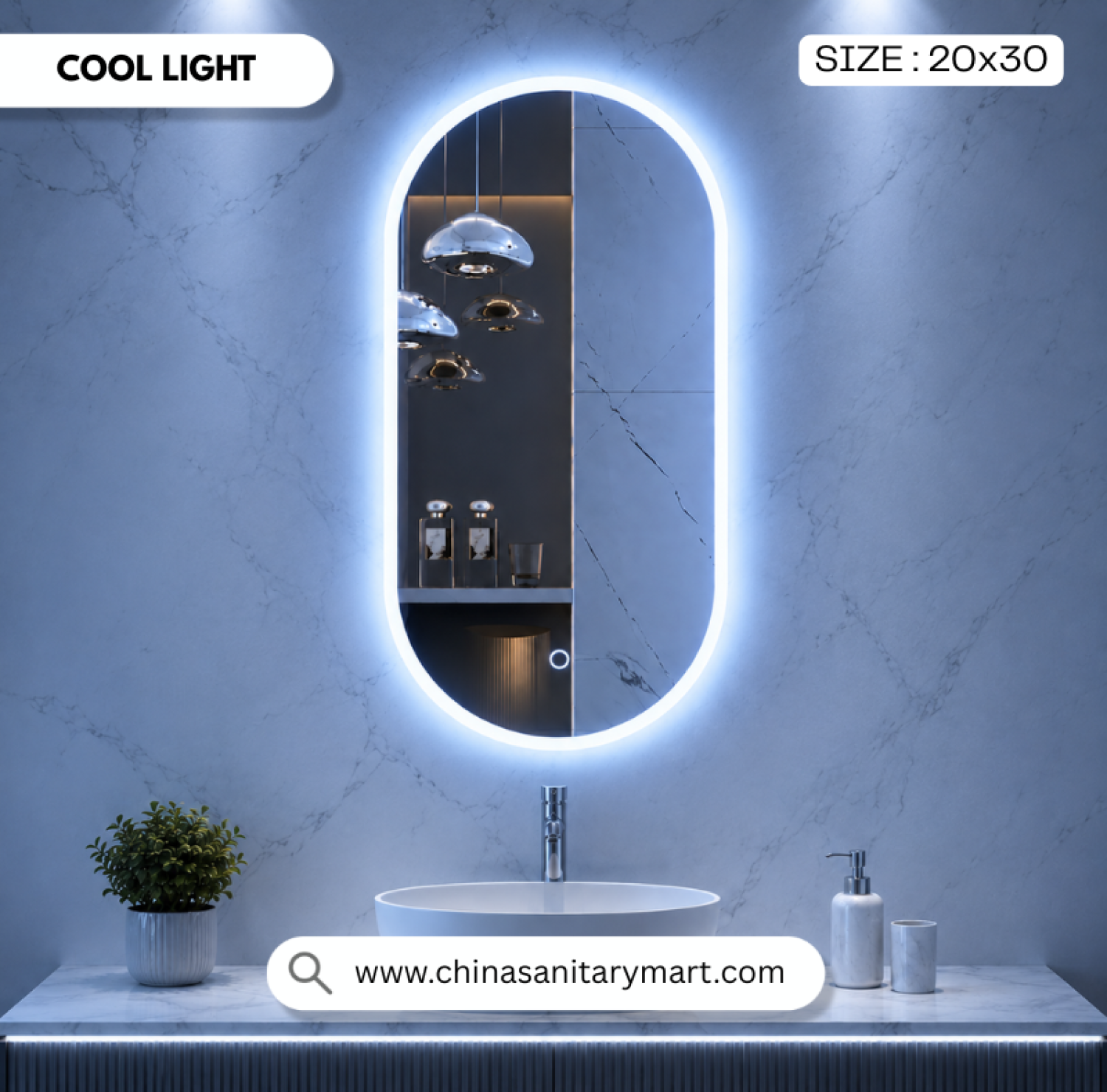20 × 30 Inch Capsule Shape LED Mirror with HD copper-free glass, touch sensor and Cool, Warm & White LED light modes, modern wall-mounted bathroom vanity mirror for luxury homes, hotels and commercial bathrooms.