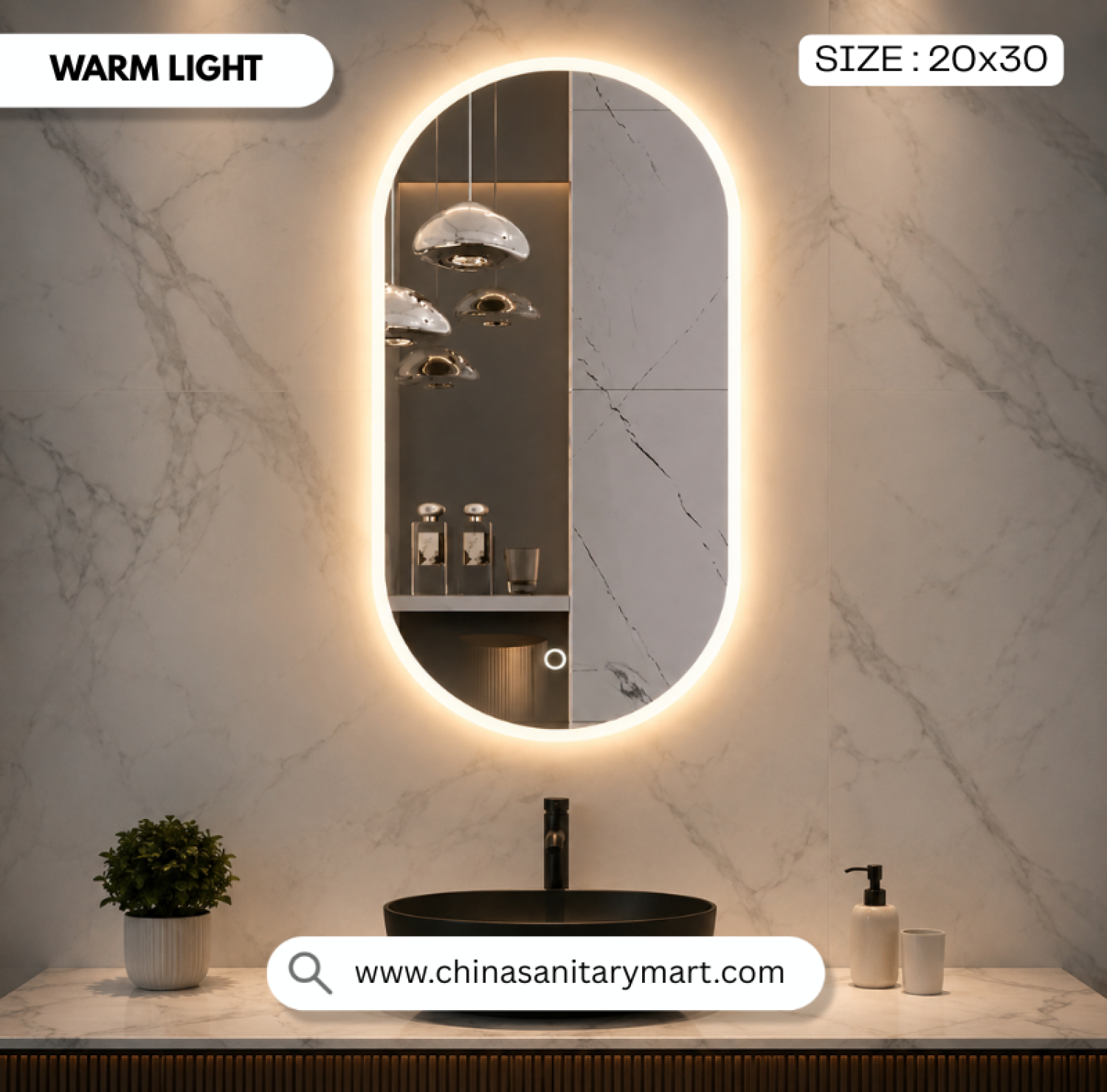 20 × 30 Inch Capsule Shape LED Mirror with HD copper-free glass, touch sensor and Cool, Warm & White LED light modes, modern wall-mounted bathroom vanity mirror for luxury homes, hotels and commercial bathrooms.