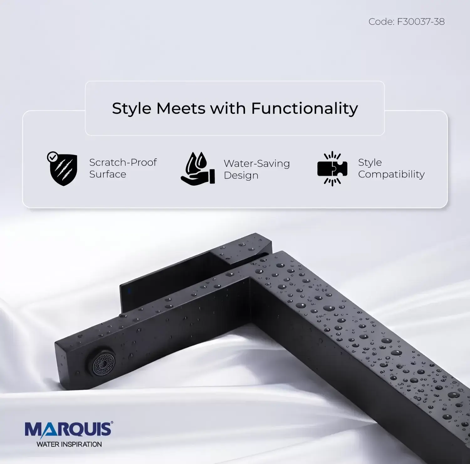 MARQUIS F30037 Matte Black Basin Mixer made from premium solid brass with scratch-resistant matte black finish, ceramic cartridge, water-saving aerator and modern deck-mounted design for contemporary bathroom basins.