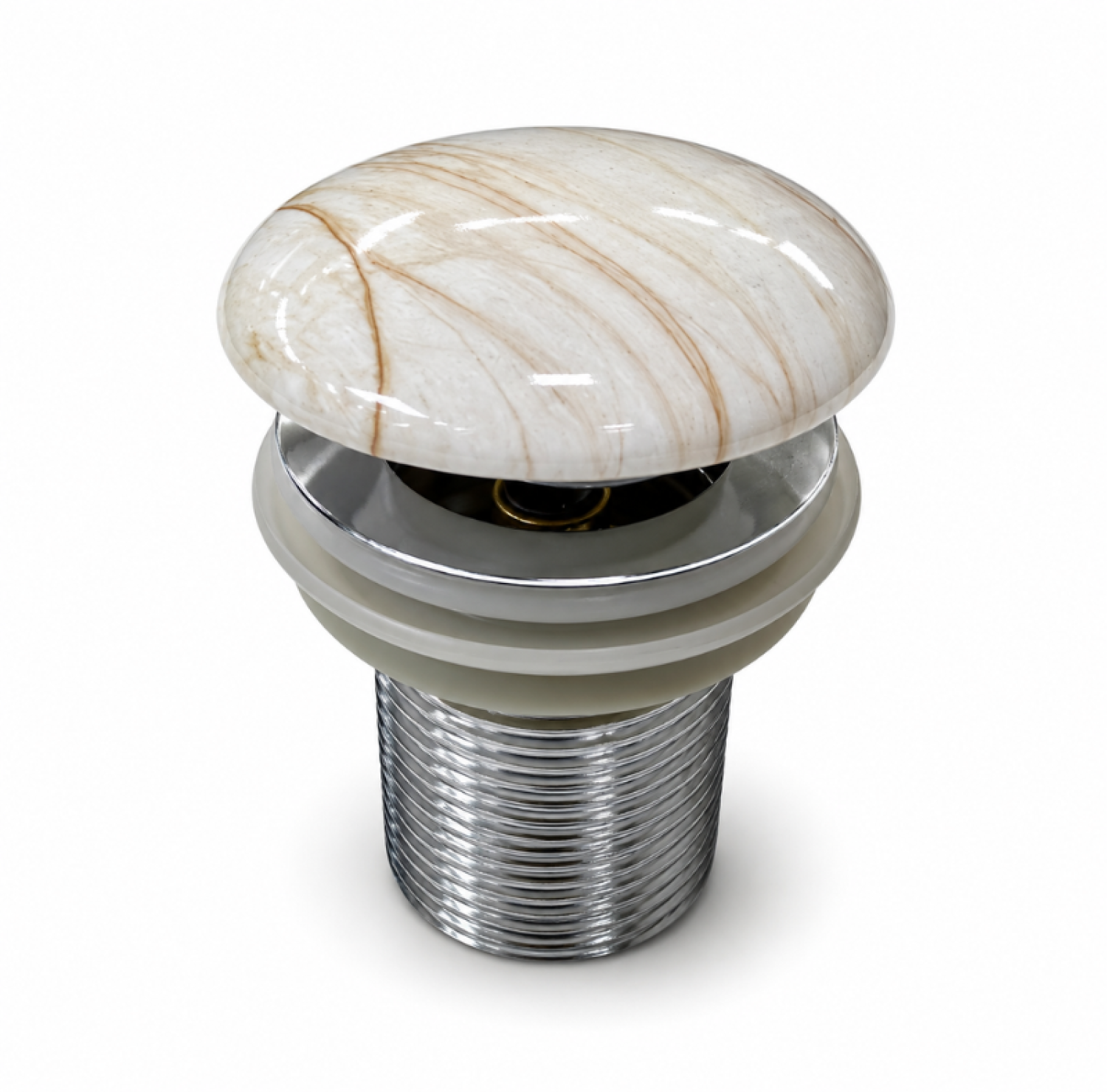 Ceramic White Marble Shed Basin Waste with glossy white marble ceramic top, chrome-plated brass body, premium pop-up drain plug, leak-resistant construction