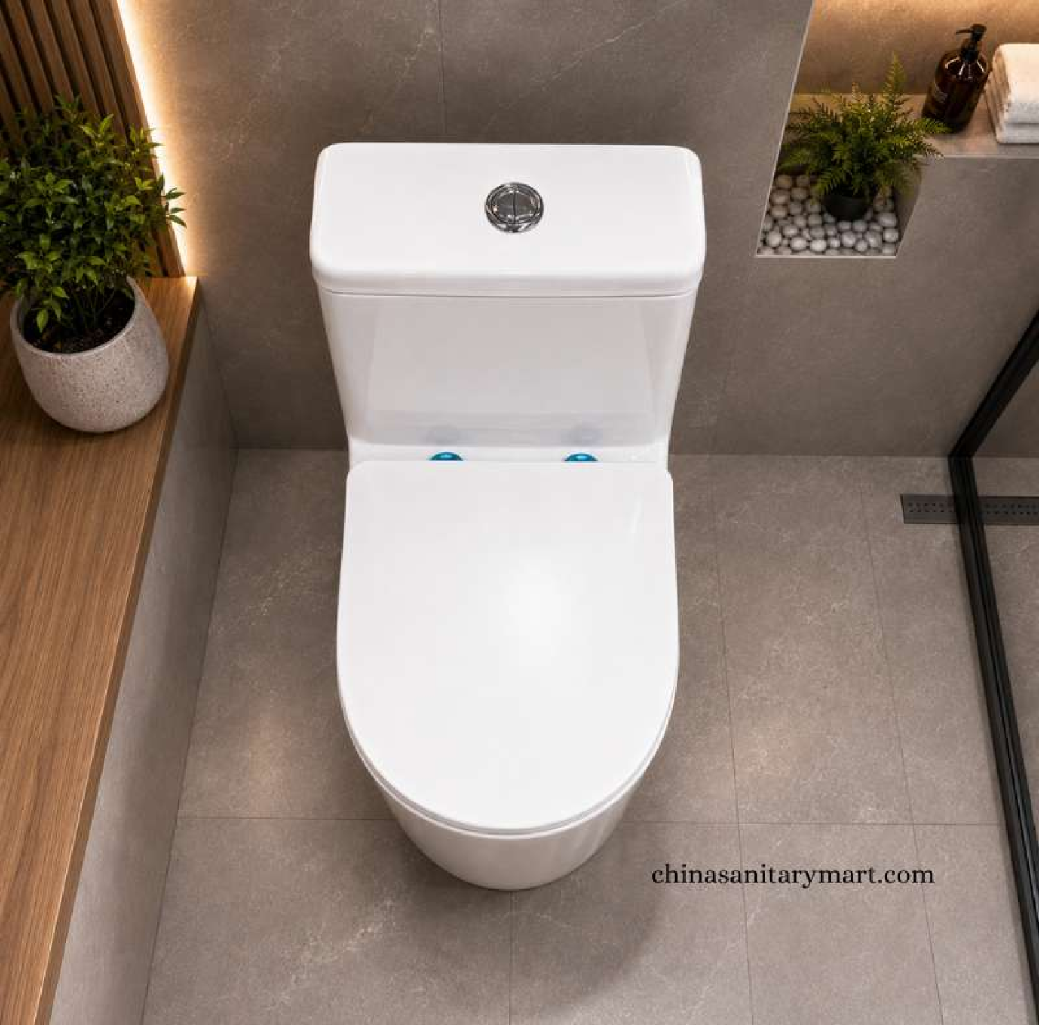 IS-M007 24 Inch Premium White One Piece Commode featuring a glossy white finish, premium sanitary ceramic construction, Tornado Jet Flush system