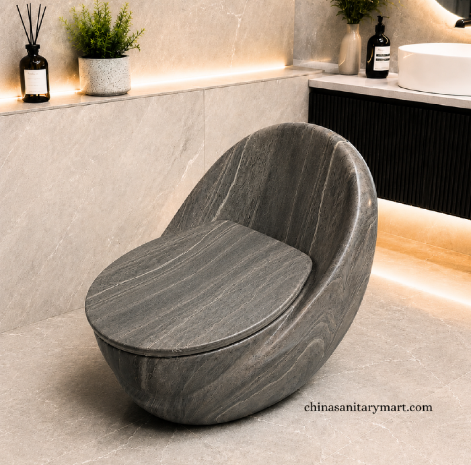 IS-T406B Matte Marble Shed One Piece Commode with a premium matte grey marble finish, seamless one-piece sanitary ceramic body