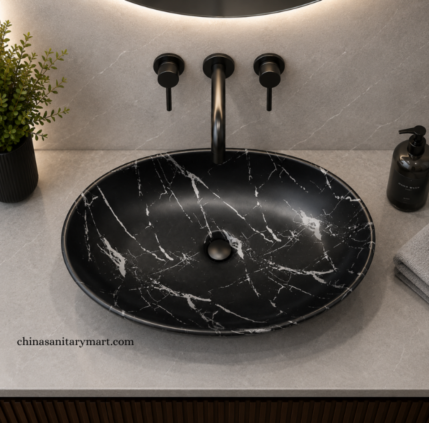 IS-A034C 16×24.5 Inch Matte Black Marble Shed Top Basin featuring a premium ceramic body, matte black marble finish with elegant white veining