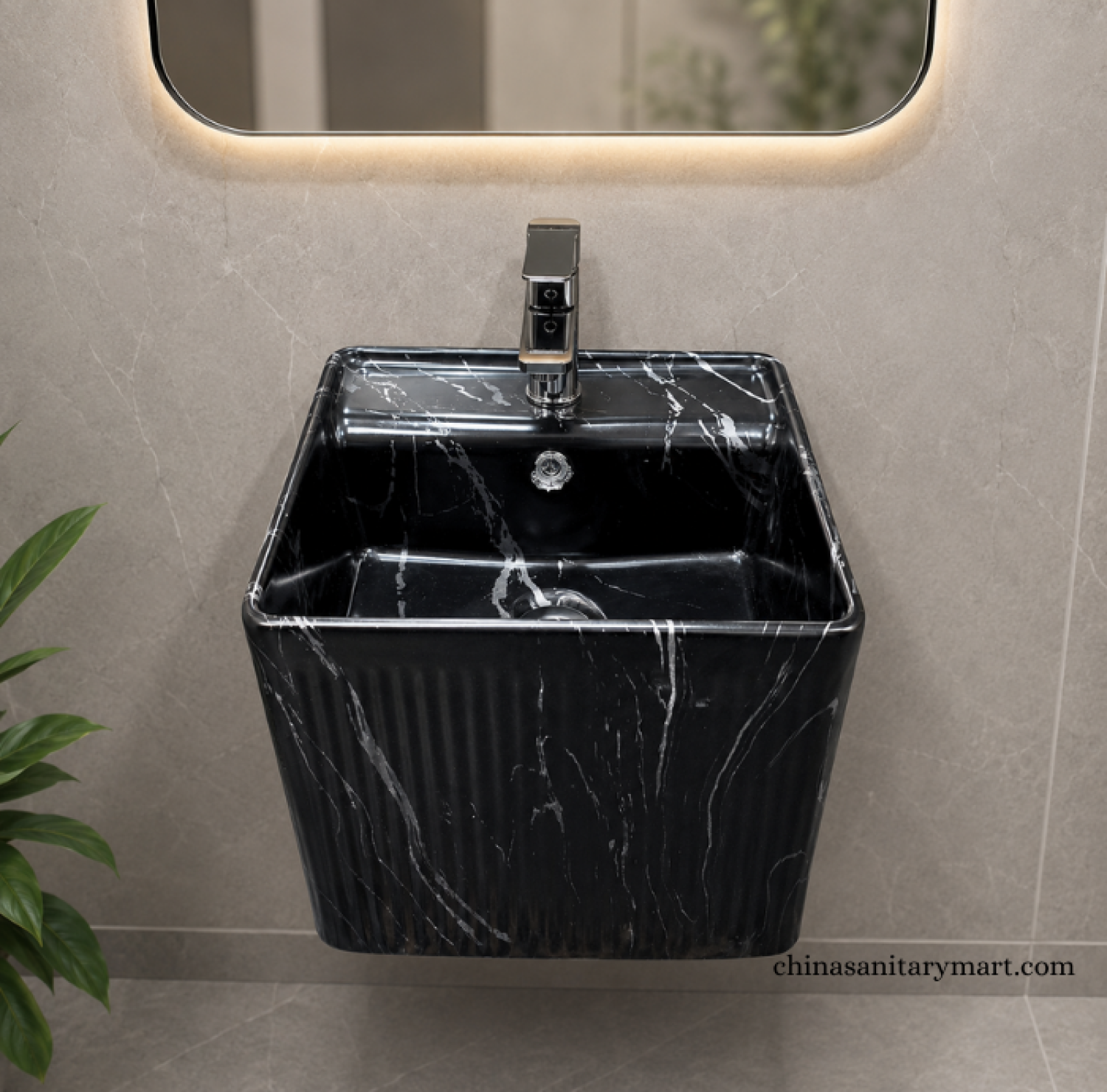 IS-WB003MA 16×16 Inch Matte Black Marble Shed Square Shape Top Basin featuring a premium ceramic body, matte black marble finish with white veining