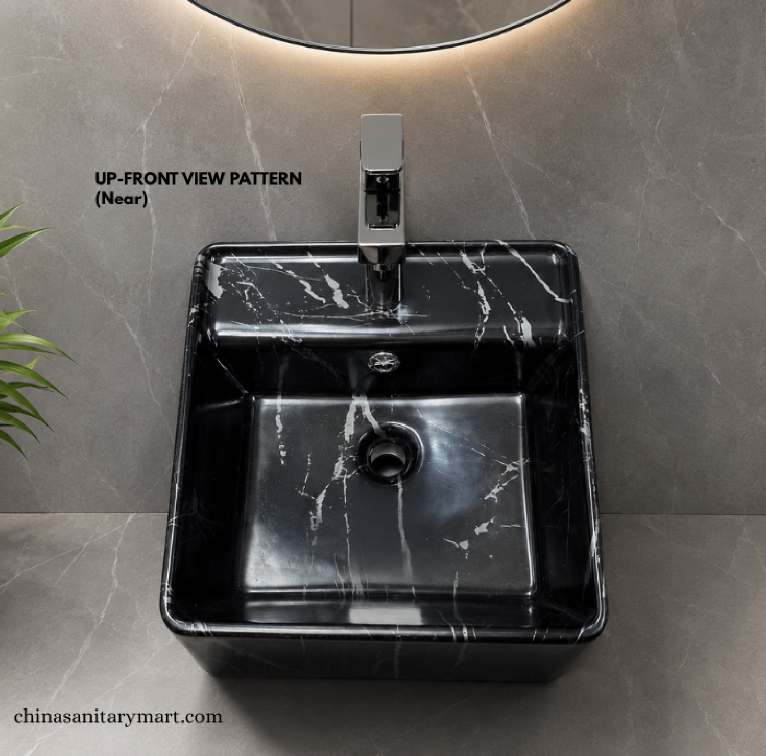 IS-WB003MA 16×16 Inch Matte Black Marble Shed Square Shape Top Basin featuring a premium ceramic body, matte black marble finish with white veining
