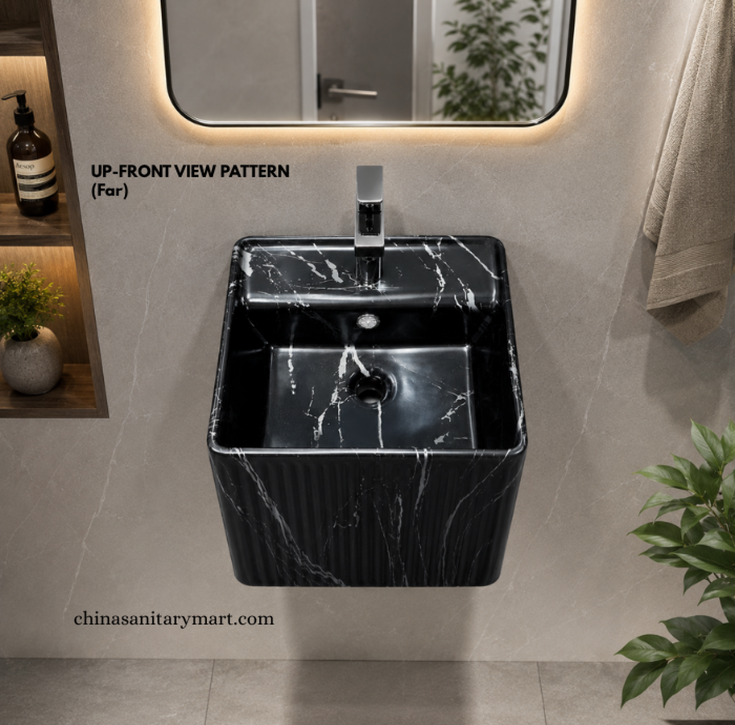 IS-WB003MA 16×16 Inch Matte Black Marble Shed Square Shape Top Basin featuring a premium ceramic body, matte black marble finish with white veining
