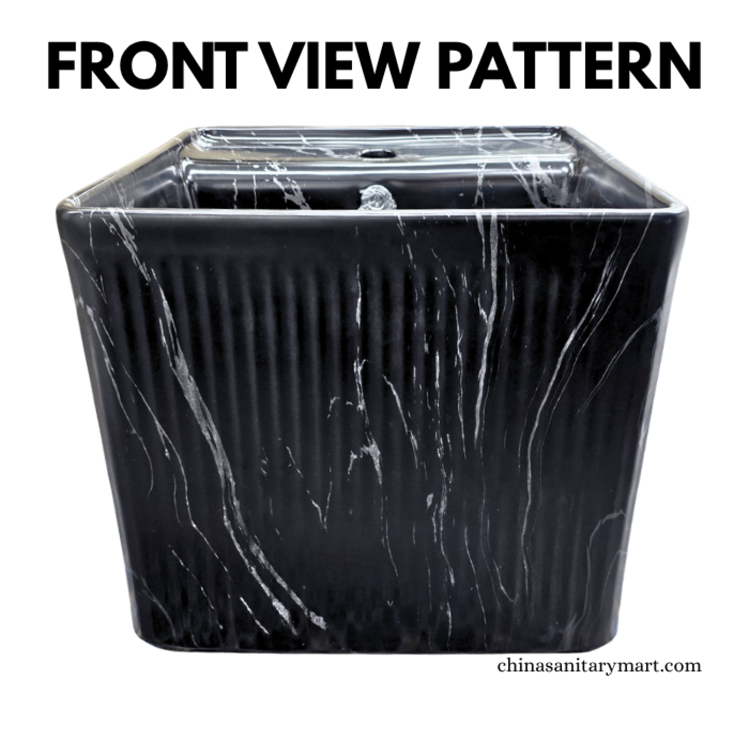 IS-WB003MA 16×16 Inch Matte Black Marble Shed Square Shape Top Basin featuring a premium ceramic body, matte black marble finish with white veining