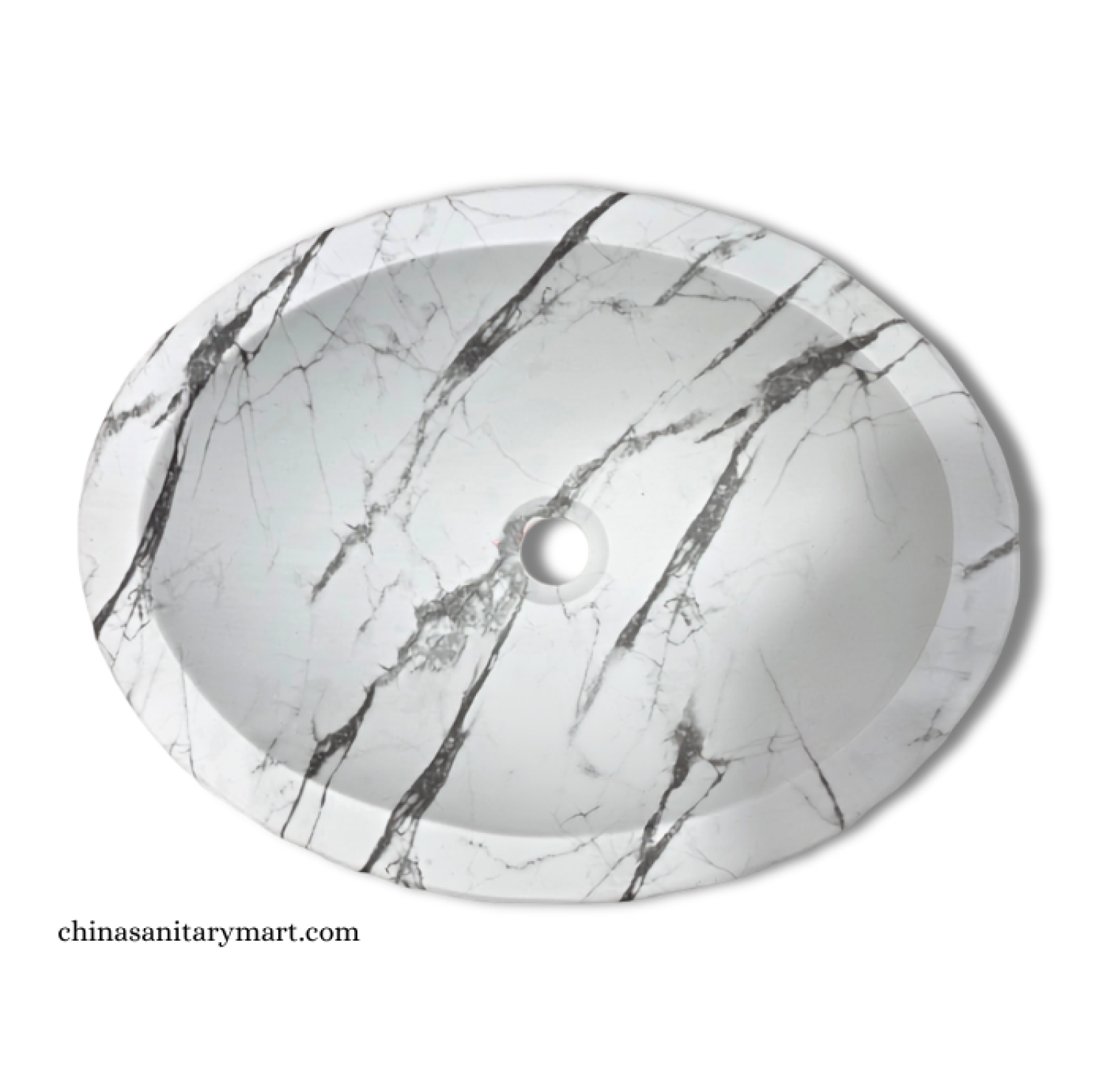 IS-AST02 18×14 Inch Stone Model White Marble Shed Top Basin featuring a premium ceramic body, elegant white marble finish with black veining