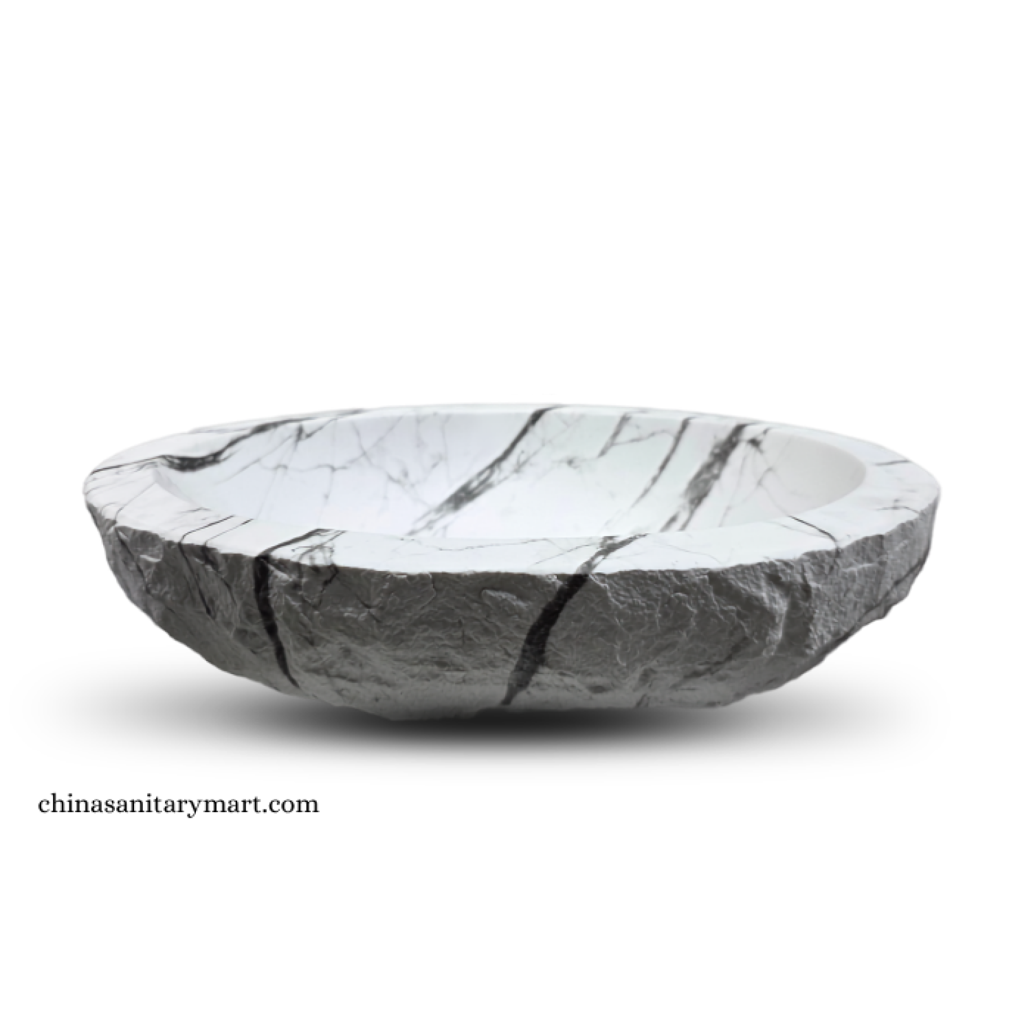 IS-AST02 18×14 Inch Stone Model White Marble Shed Top Basin featuring a premium ceramic body, elegant white marble finish with black veining