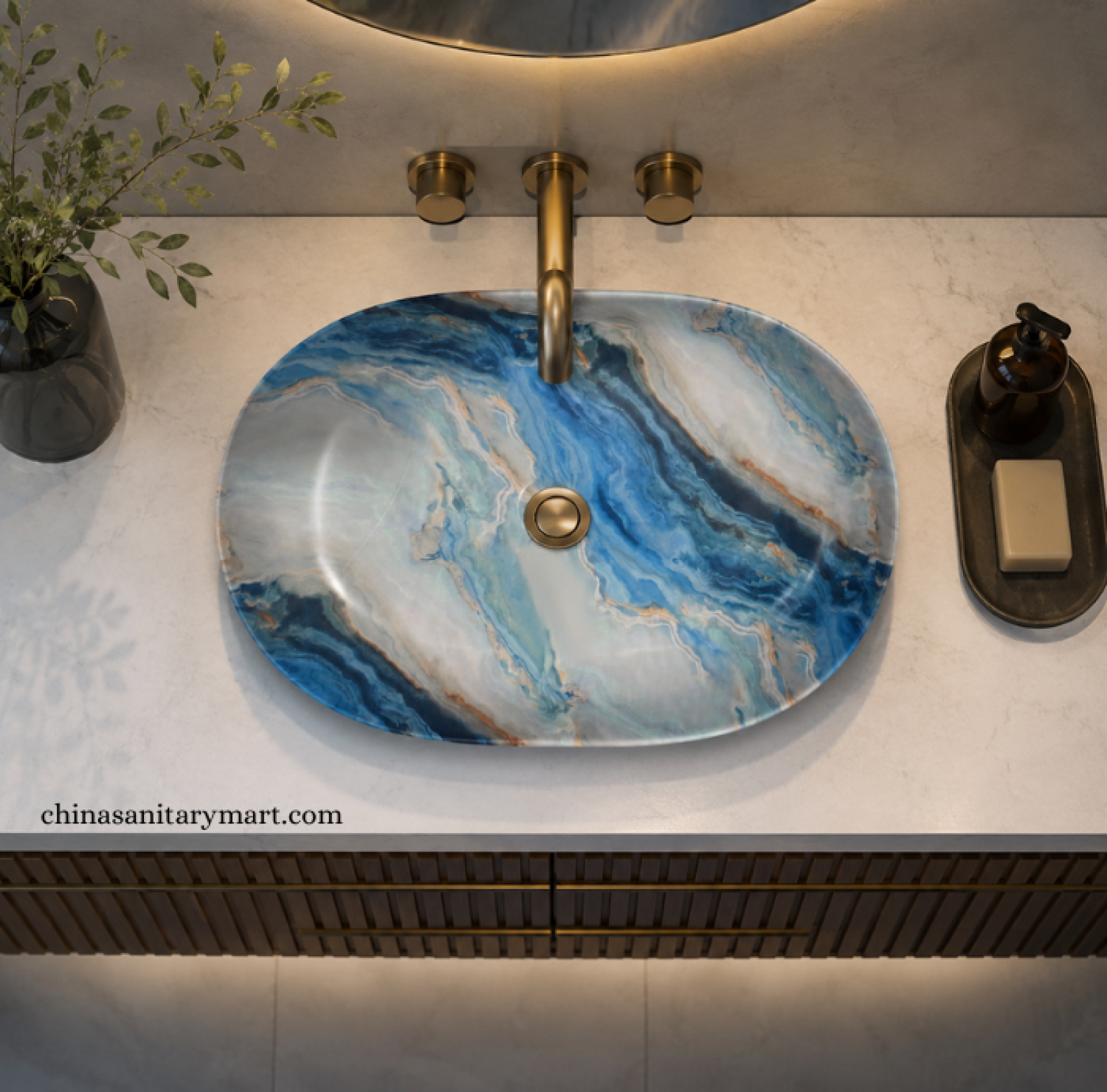 IS-A8310E 16×23.5 Inch Blue Ocean Matte Marble Shed Top Basin with premium ceramic construction, artistic blue marble finish