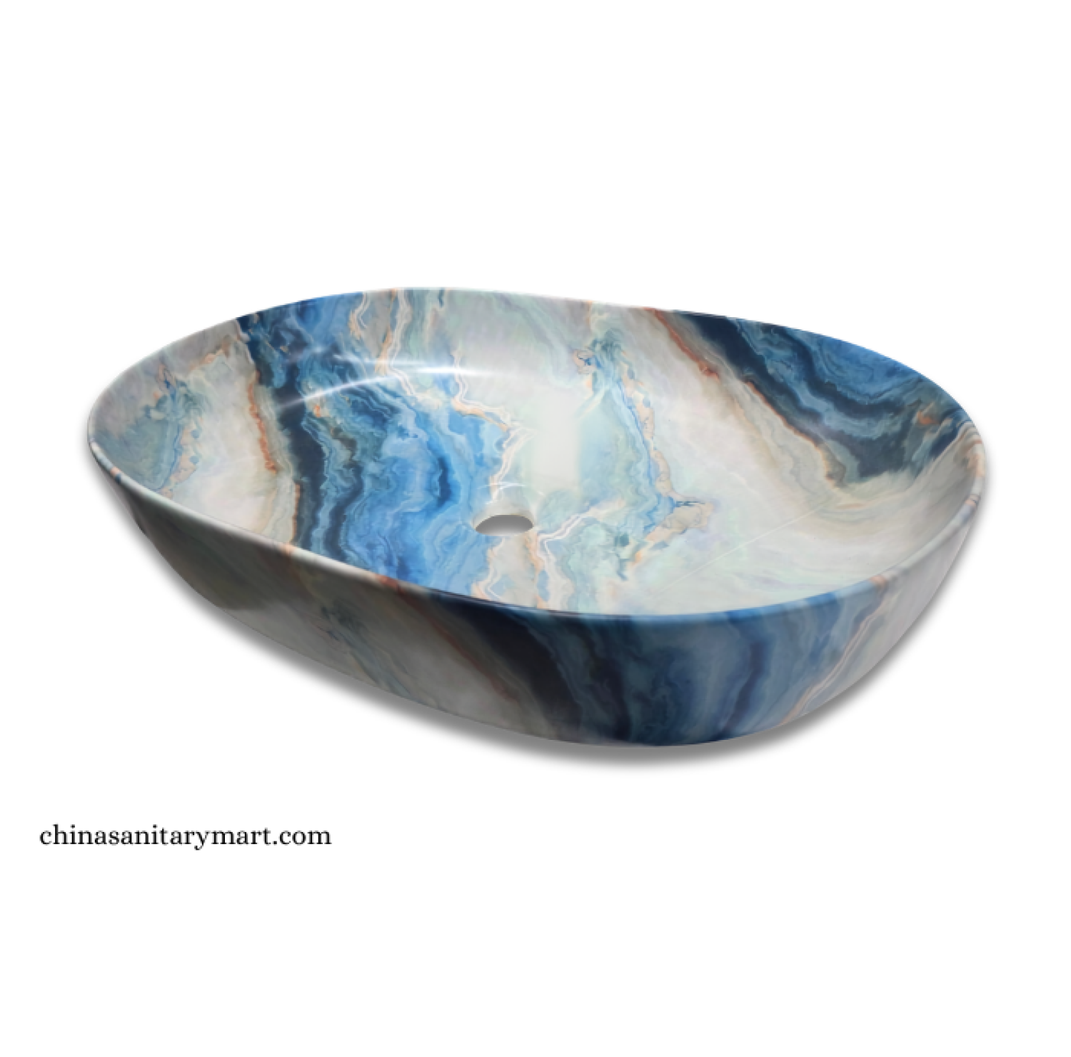 IS-A8310E 16×23.5 Inch Blue Ocean Matte Marble Shed Top Basin with premium ceramic construction, artistic blue marble finish