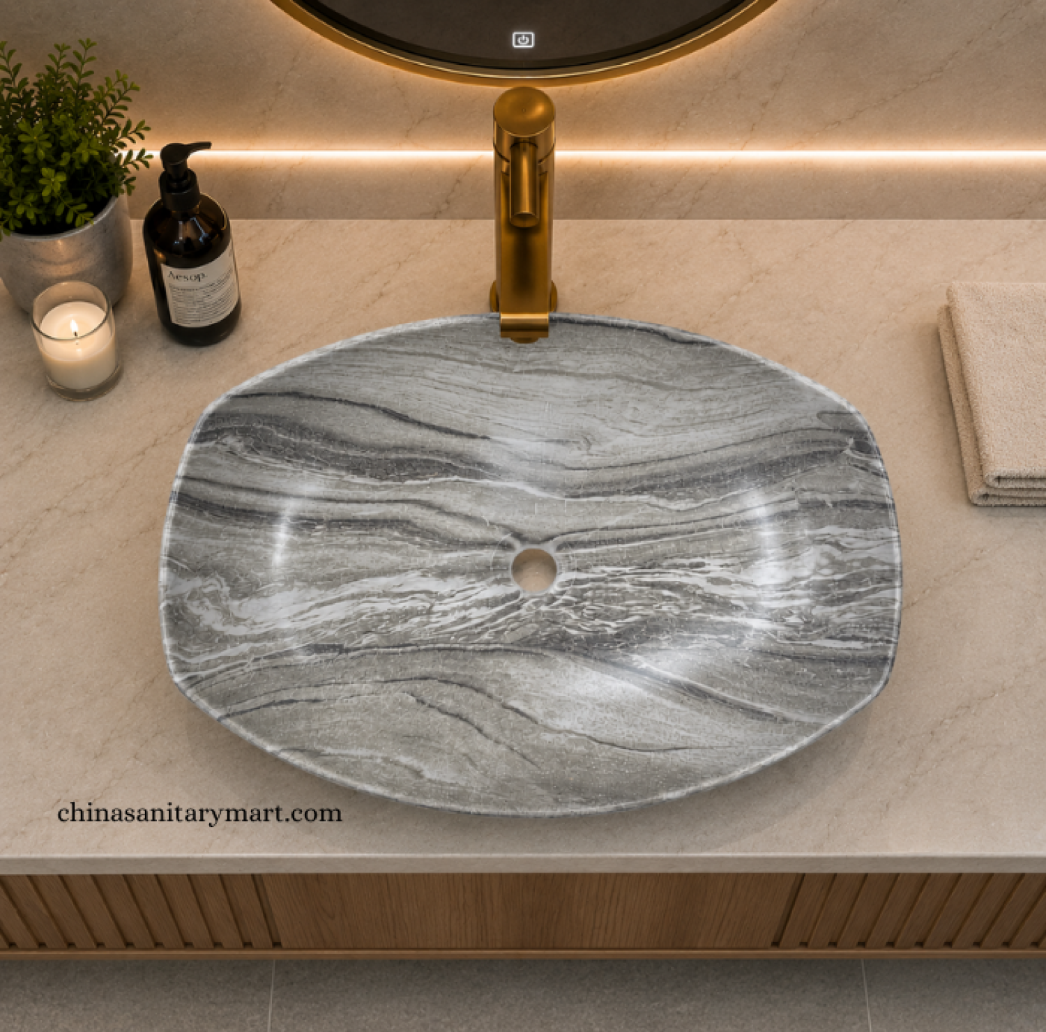 IS-A5166MB 16×22 Inch Matte Grey Marble Shed Top Basin with premium ceramic construction, natural grey marble finish, luxury countertop design