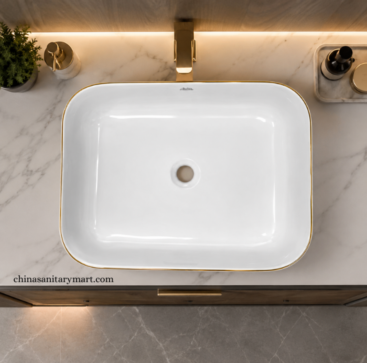 IS-A5014MG 15.5×20 Inch Matte White Marble Shed Top Basin with premium ceramic construction, matte white marble exterior, elegant gold rim