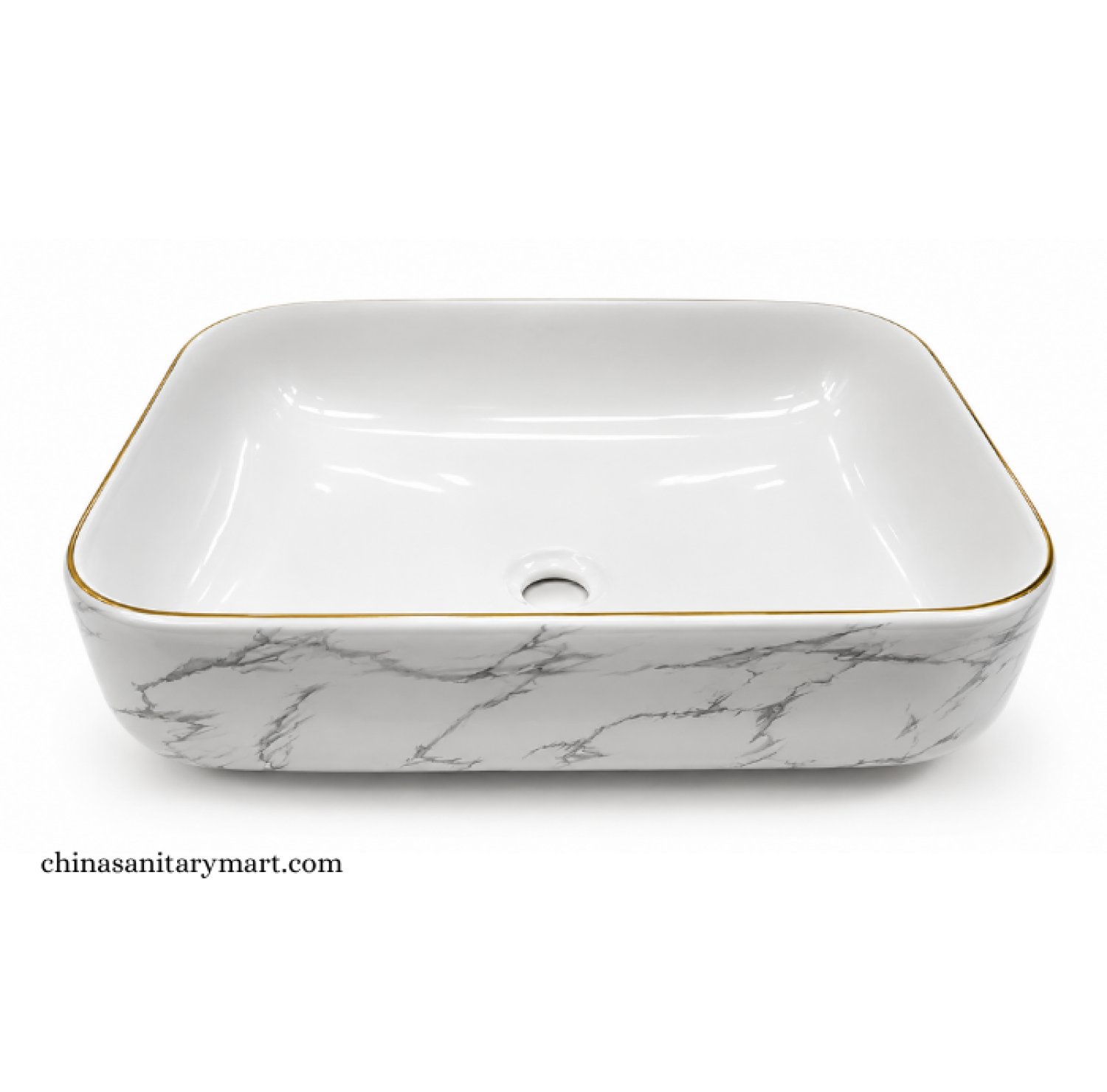 IS-A5014MG 15.5×20 Inch Matte White Marble Shed Top Basin with premium ceramic construction, matte white marble exterior, elegant gold rim