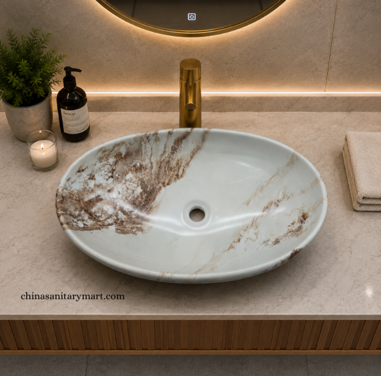 IS-A3352E 16×24 Inch White Marble Shed Oval Shape Top Basin with premium ceramic construction, elegant white marble finish