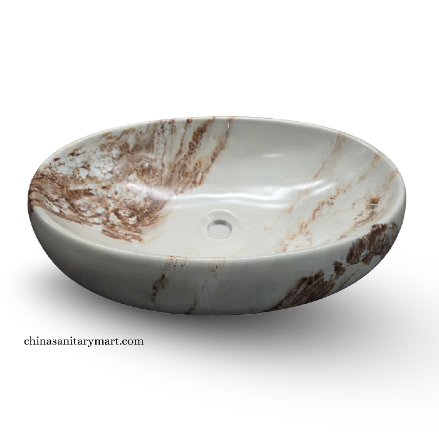 IS-A3352E 16×24 Inch White Marble Shed Oval Shape Top Basin with premium ceramic construction, elegant white marble finish