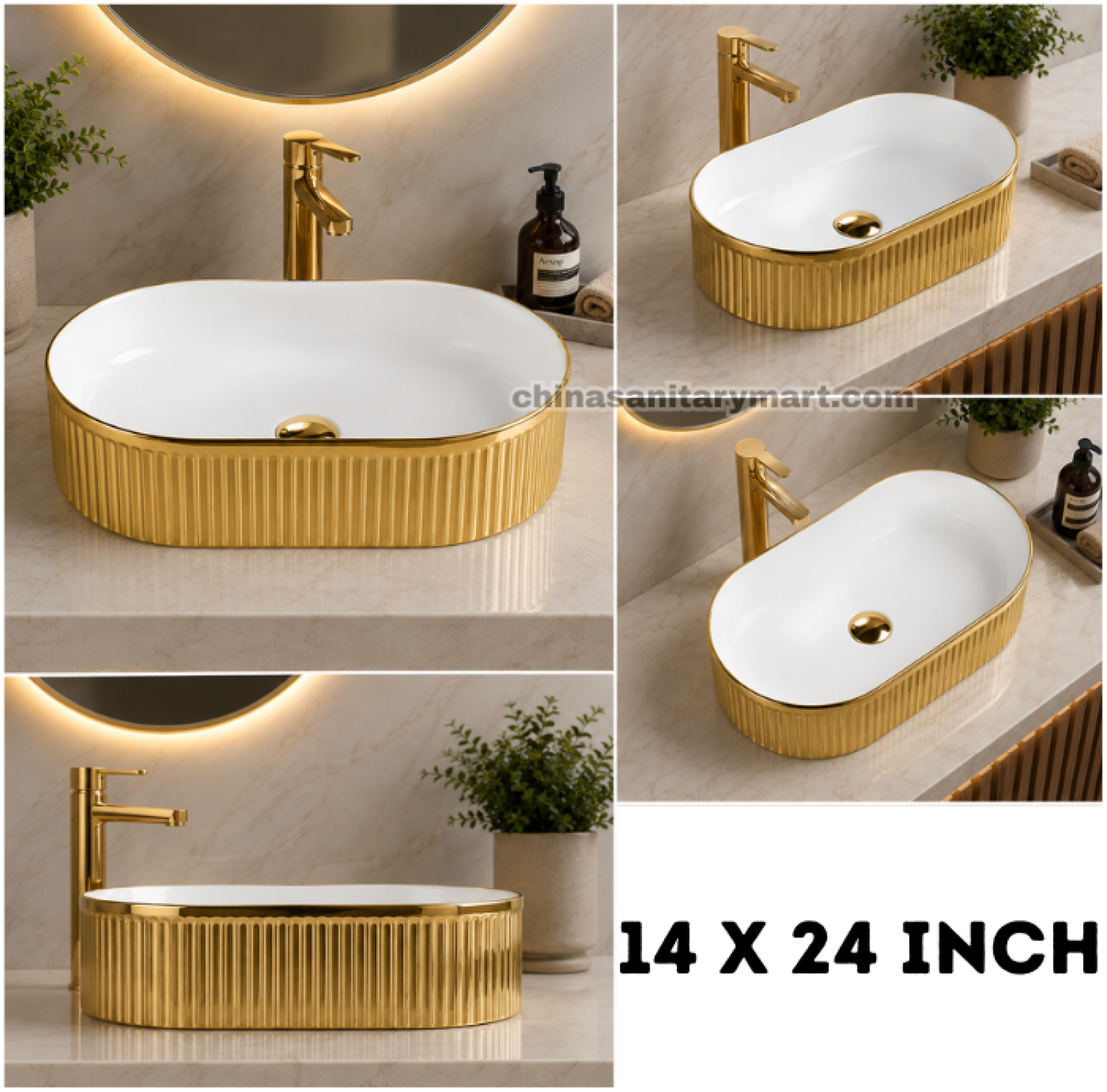 IS-A330S 14×24 Inch luxury countertop wash basin with a glossy white ceramic interior and ribbed metallic gold exterior, oval tabletop design, premium vitreous ceramic construction, ideal for modern luxury bathrooms.