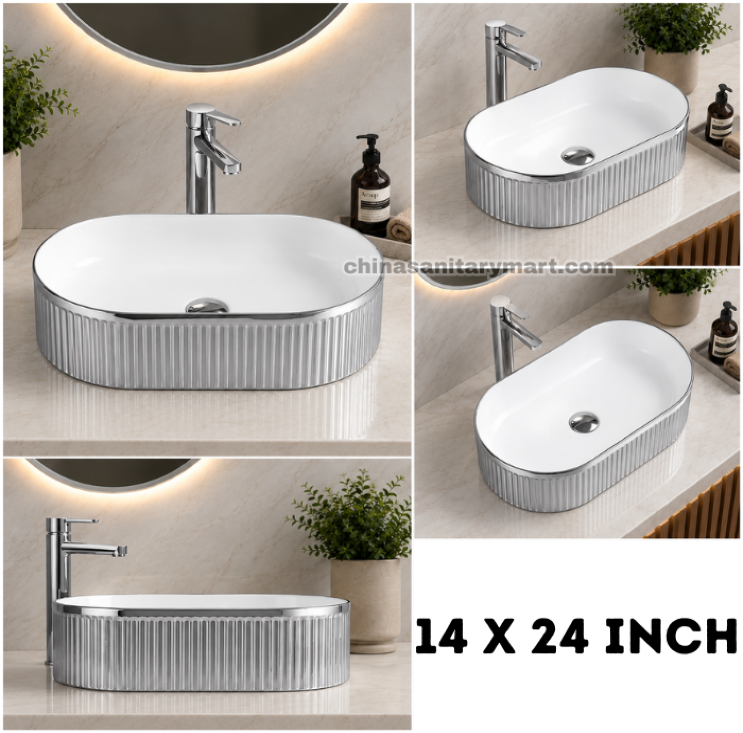IS-A330S 14×24 Inch luxury countertop wash basin featuring a glossy white ceramic interior with a ribbed metallic silver exterior, oval tabletop design, premium vitreous ceramic construction