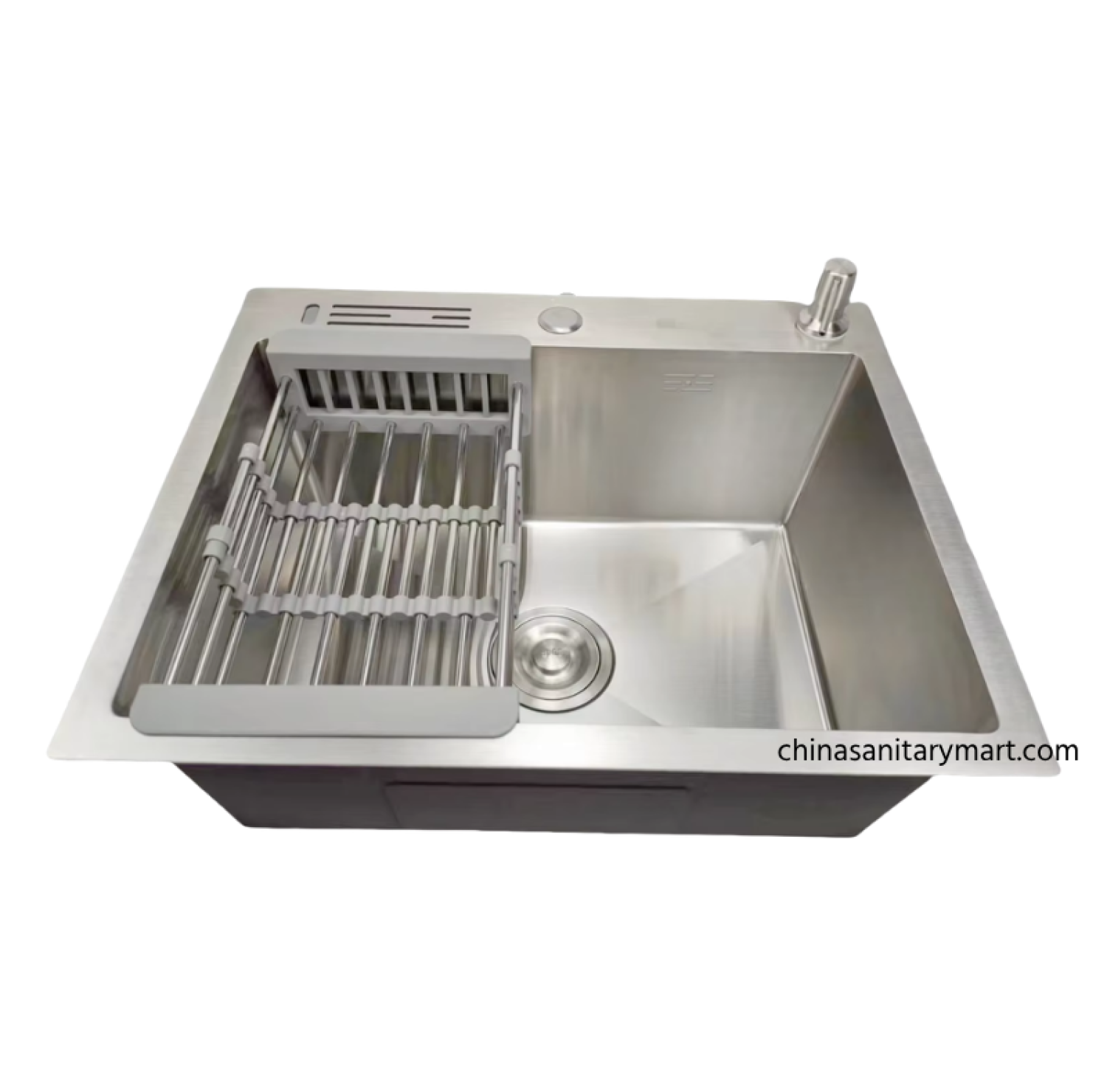 18×24 Inch SS Matte Silver Color Handmade Single Bowl Kitchen Sink made from premium SUS304 stainless steel with a brushed matte finish, deep bowl, telescopic dish basket, soap dispenser, knife holder, premium strainer waste.