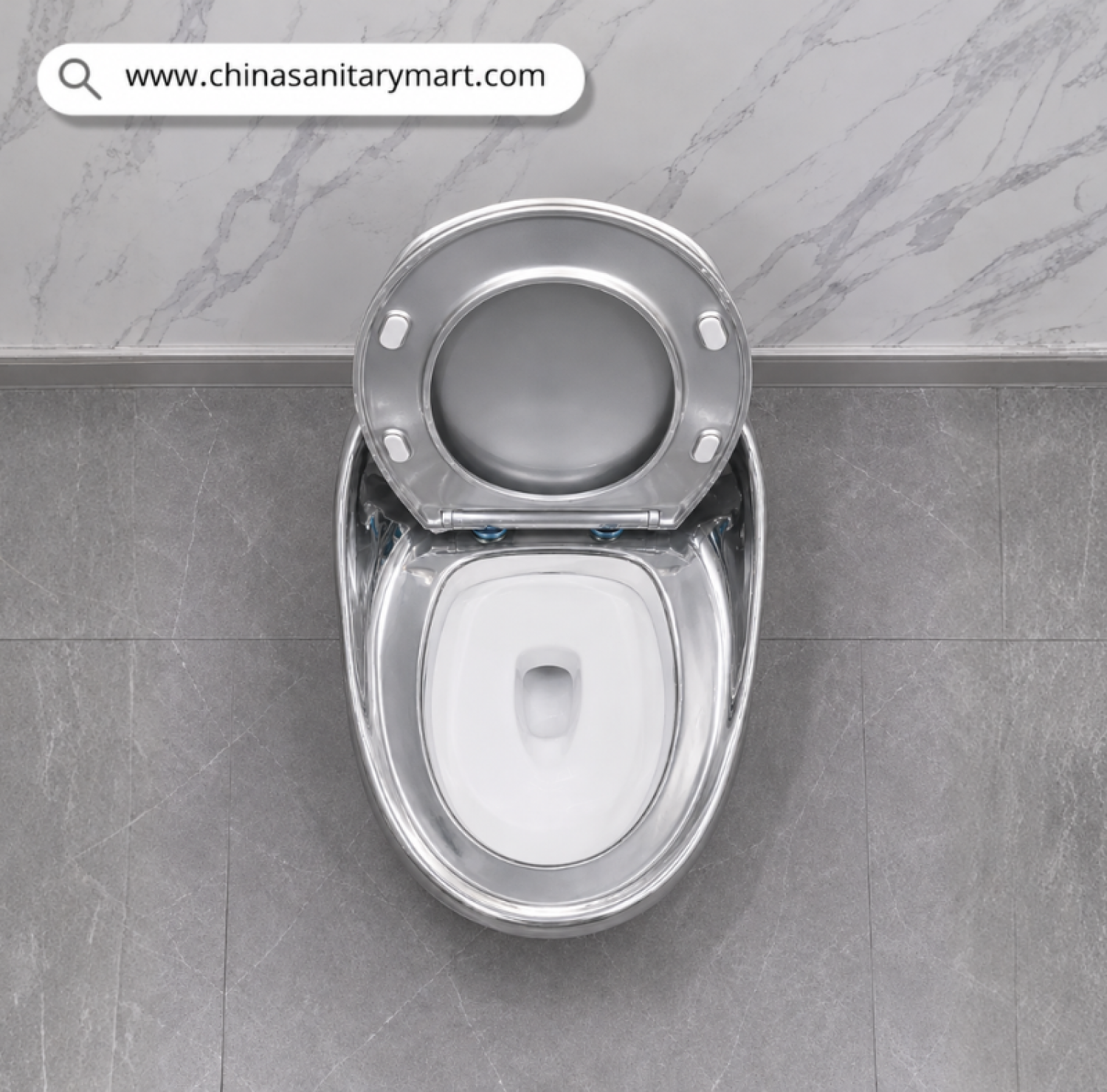 IS-M099S Peanut Shape luxury one-piece floor-mounted ceramic commode with mirror silver electroplated finish, concealed tank, premium glossy surface, and modern designer bathroom styling.