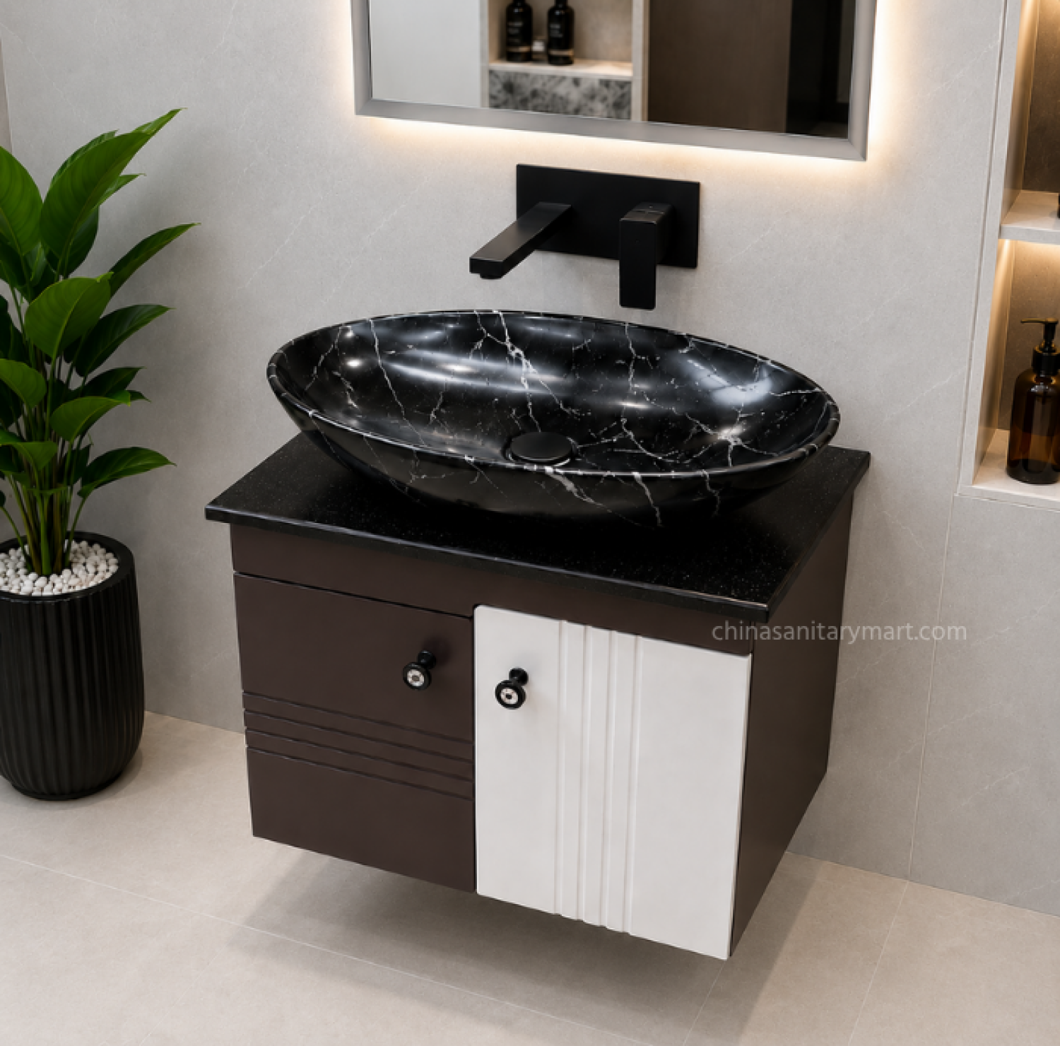 19×28 inch waterproof PVC wall-mounted vanity cabinet with premium Doco paint finish, 25×16 inch black marble China porcelain top basin, and 18×24 inch LED mirror for modern luxury bathrooms.