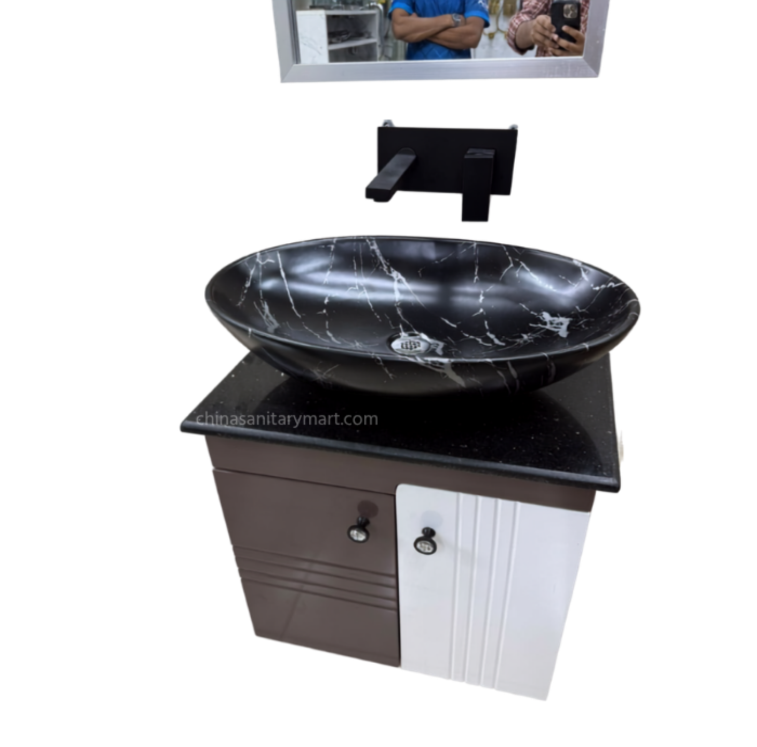 19×28 inch waterproof PVC wall-mounted vanity cabinet with premium Doco paint finish, 25×16 inch black marble China porcelain top basin, and 18×24 inch LED mirror for modern luxury bathrooms.