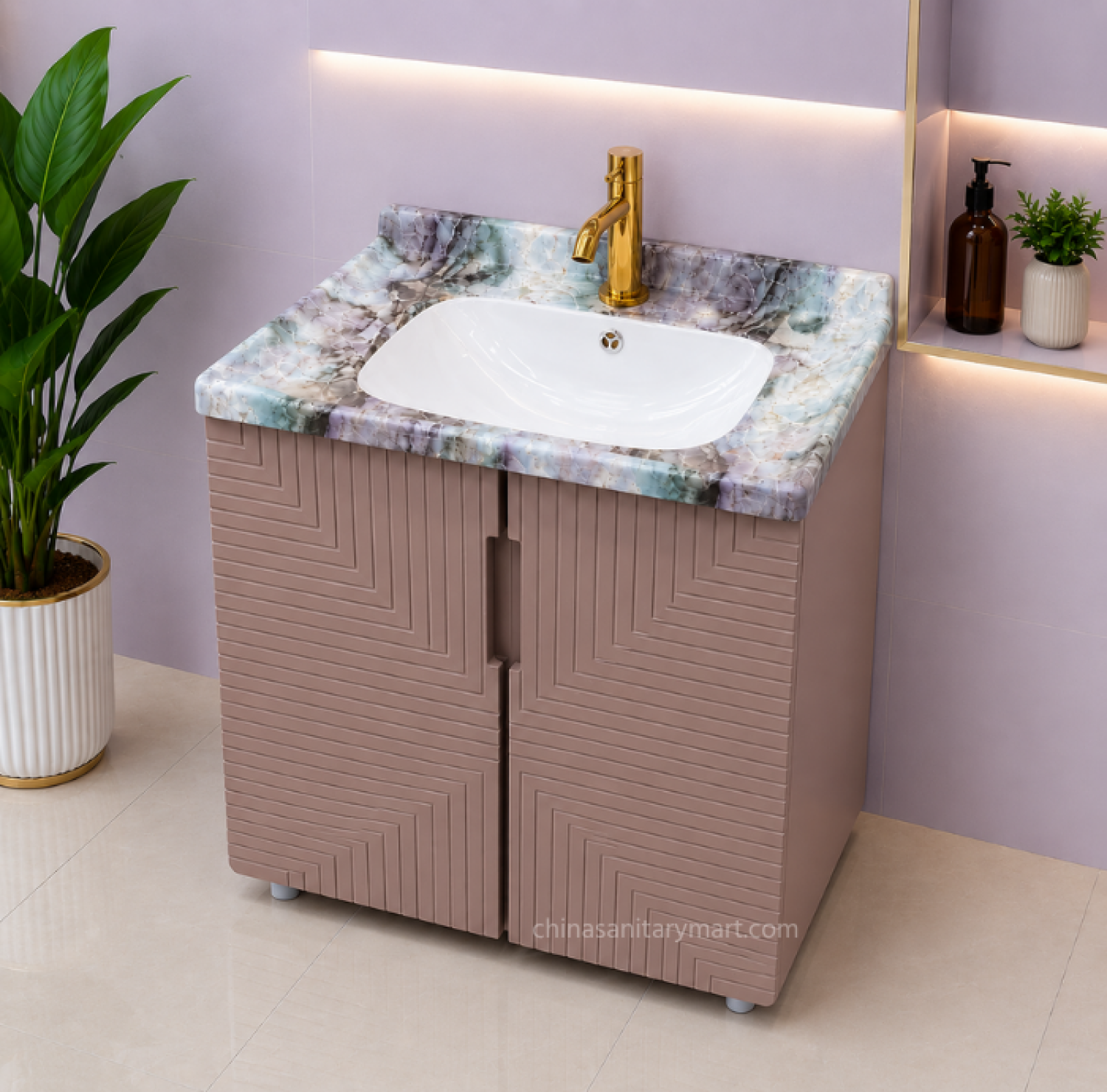 24×19 Inch Box Cabinet Vanity with Under Counter Ceramic Wash Basin PVC Bathroom Vanity Cabinet with Golden Faucet Under Counter Ceramic Wash Basin with Faucet Included Marble Look Bathroom Vanity Cabinet