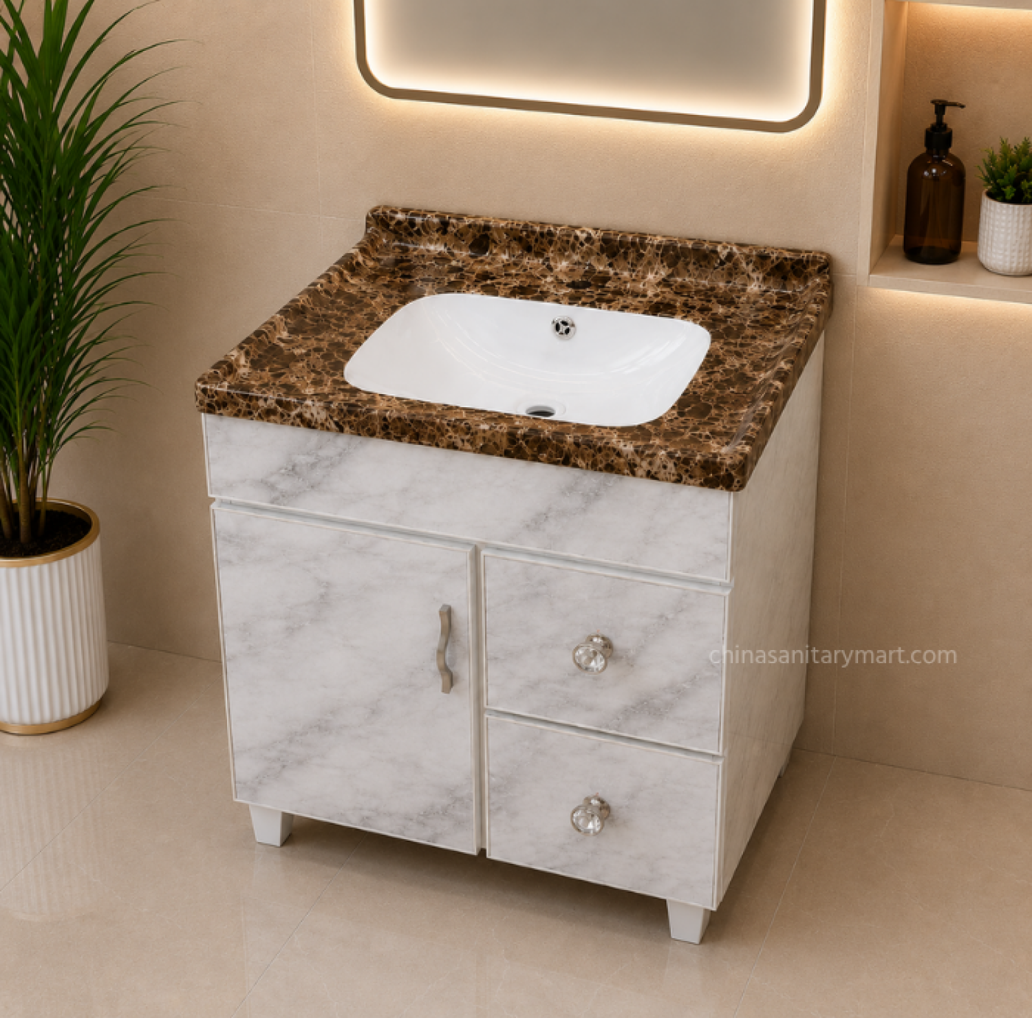 24×19 Inch PVC HPL Box Cabinet Marble Shed Under Counter Ceramic Wash Basin Marble Finish Bathroom Cabinet with Ceramic Basin PVC Bathroom Vanity Cabinet with HPL Finish Under Counter Ceramic Wash Basin Cabinet