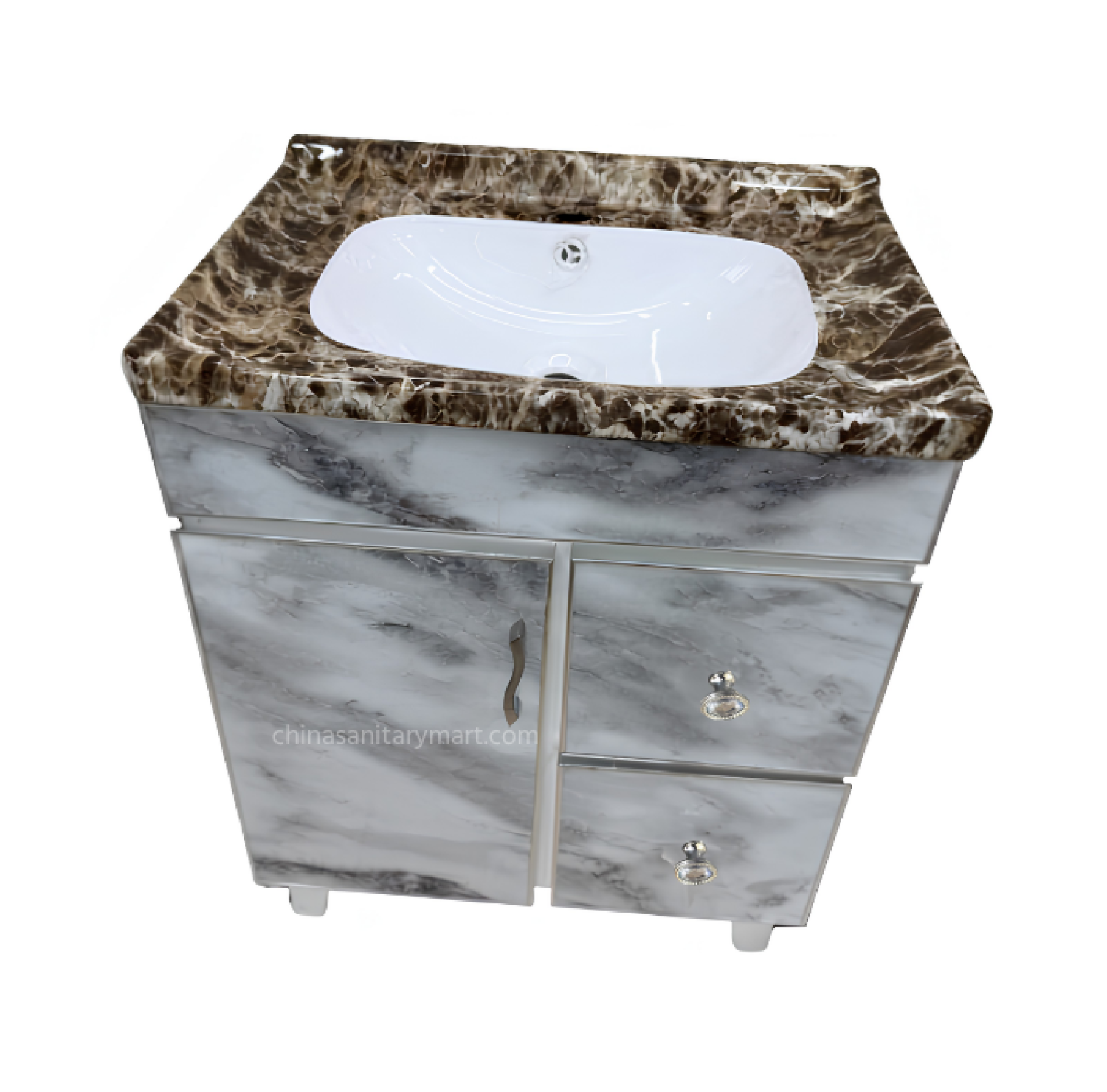 24×19 Inch PVC HPL Box Cabinet Marble Shed Under Counter Ceramic Wash Basin Marble Finish Bathroom Cabinet with Ceramic Basin PVC Bathroom Vanity Cabinet with HPL Finish Under Counter Ceramic Wash Basin Cabinet
