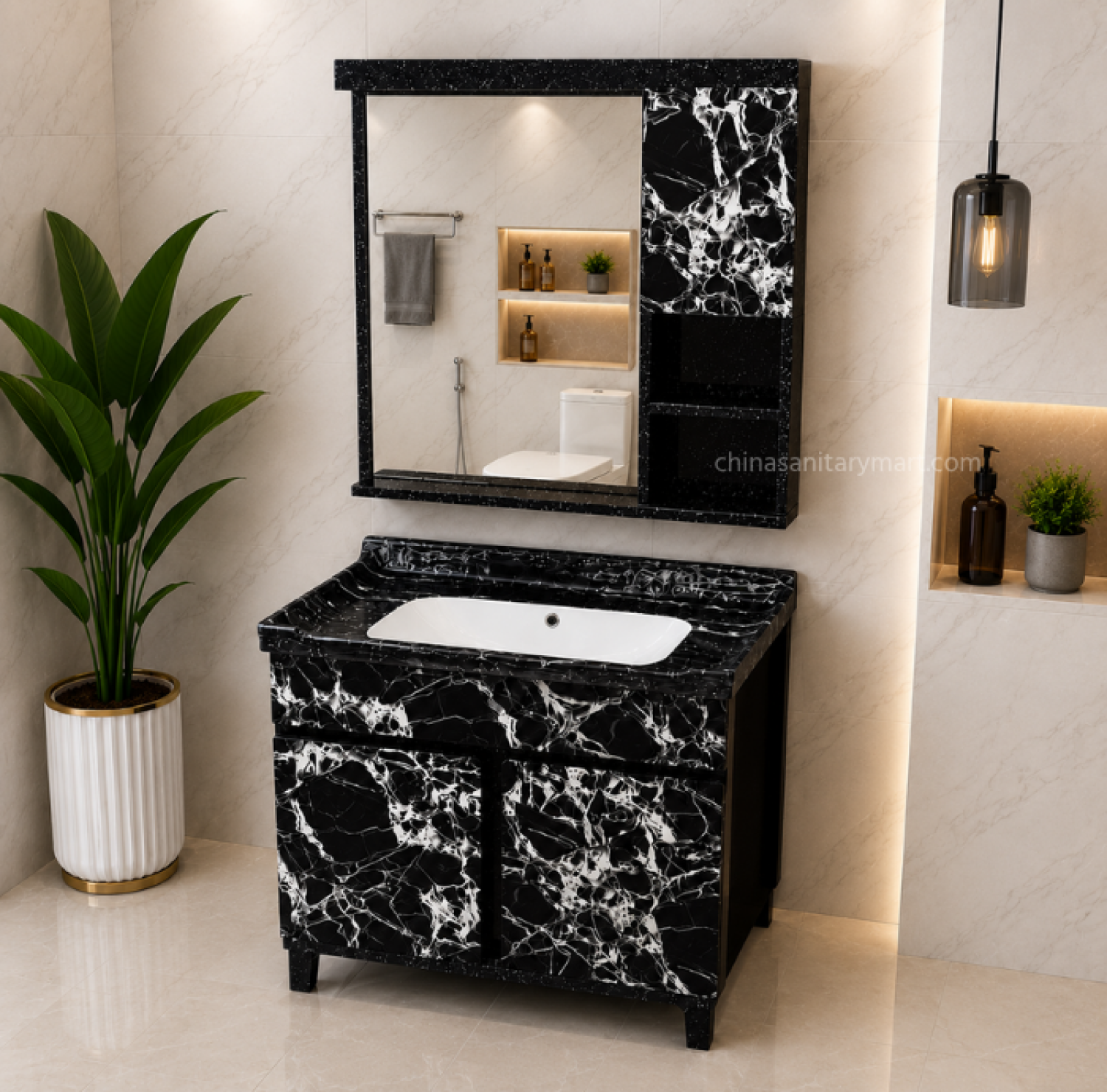 23×19 Inch PVC Box Cabinet with Under Counter Ceramic Wash Basin Black Marble HPL Bathroom Vanity Cabinet 30×31 Inch Bathroom Mirror with PVC Cabinet Modern Bathroom Vanity Cabinet with Ceramic Basin