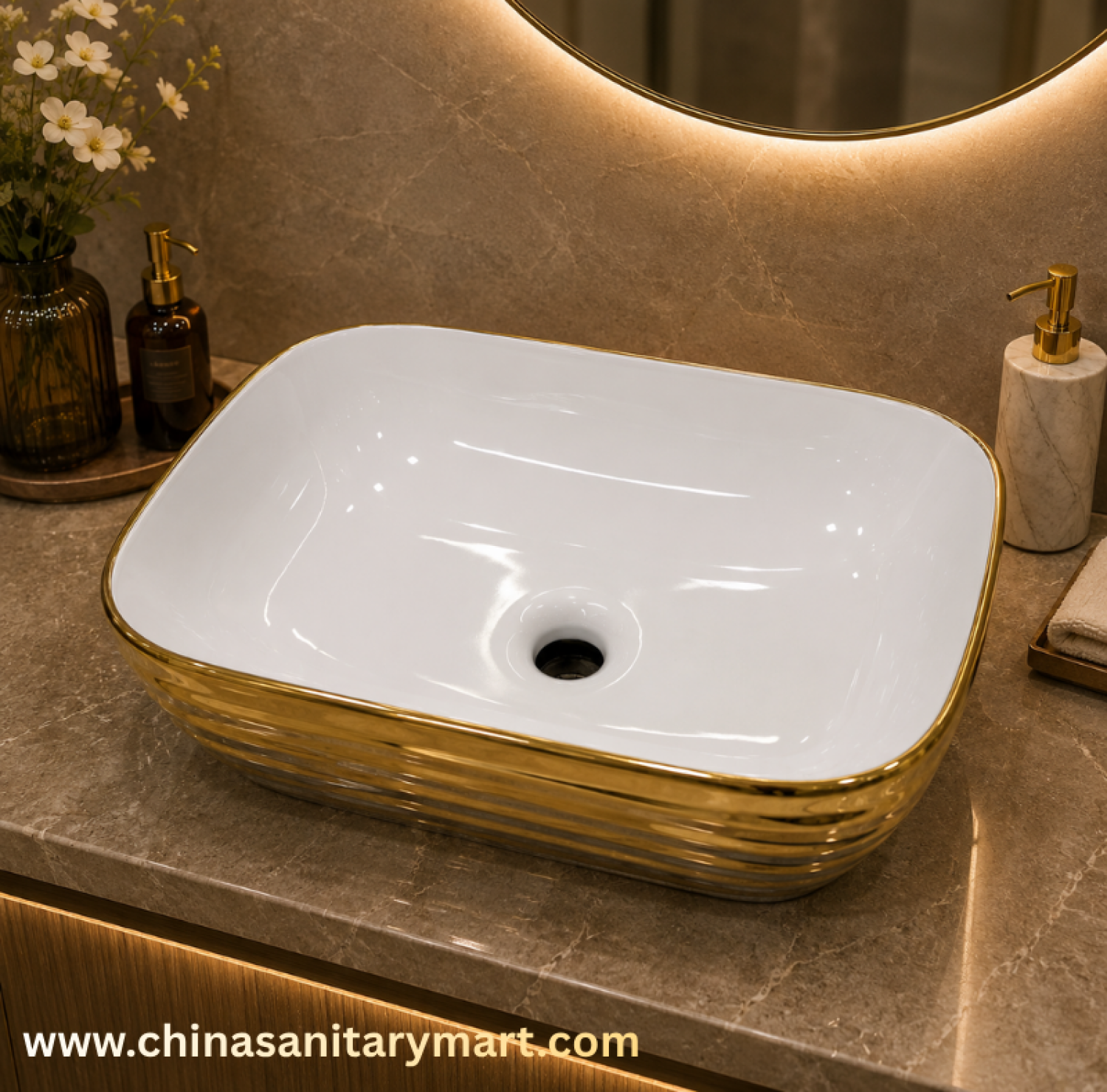 13x18 top basin,white inside golden basin,golden ripple top basin,counter top wash basin,luxury ceramic basin,premium art basin,bathroom top basin,white ceramic basin,golden wash basin,China Sanitary Mart,Bangladesh