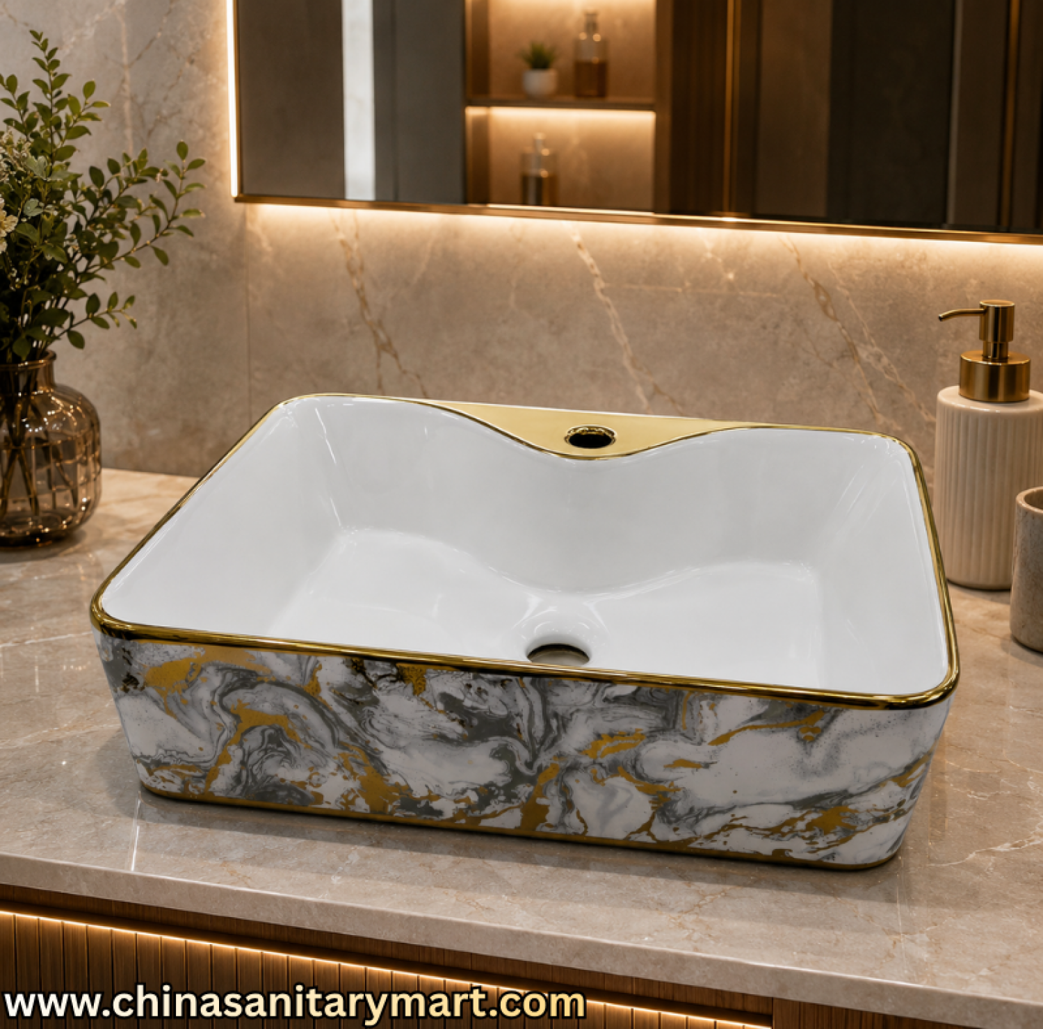 19x15 top basin,square shape art basin,golden outline basin,marble pattern basin,counter top wash basin,luxury ceramic basin,premium bathroom basin,designer top basin,China Sanitary Mart,Bangladesh