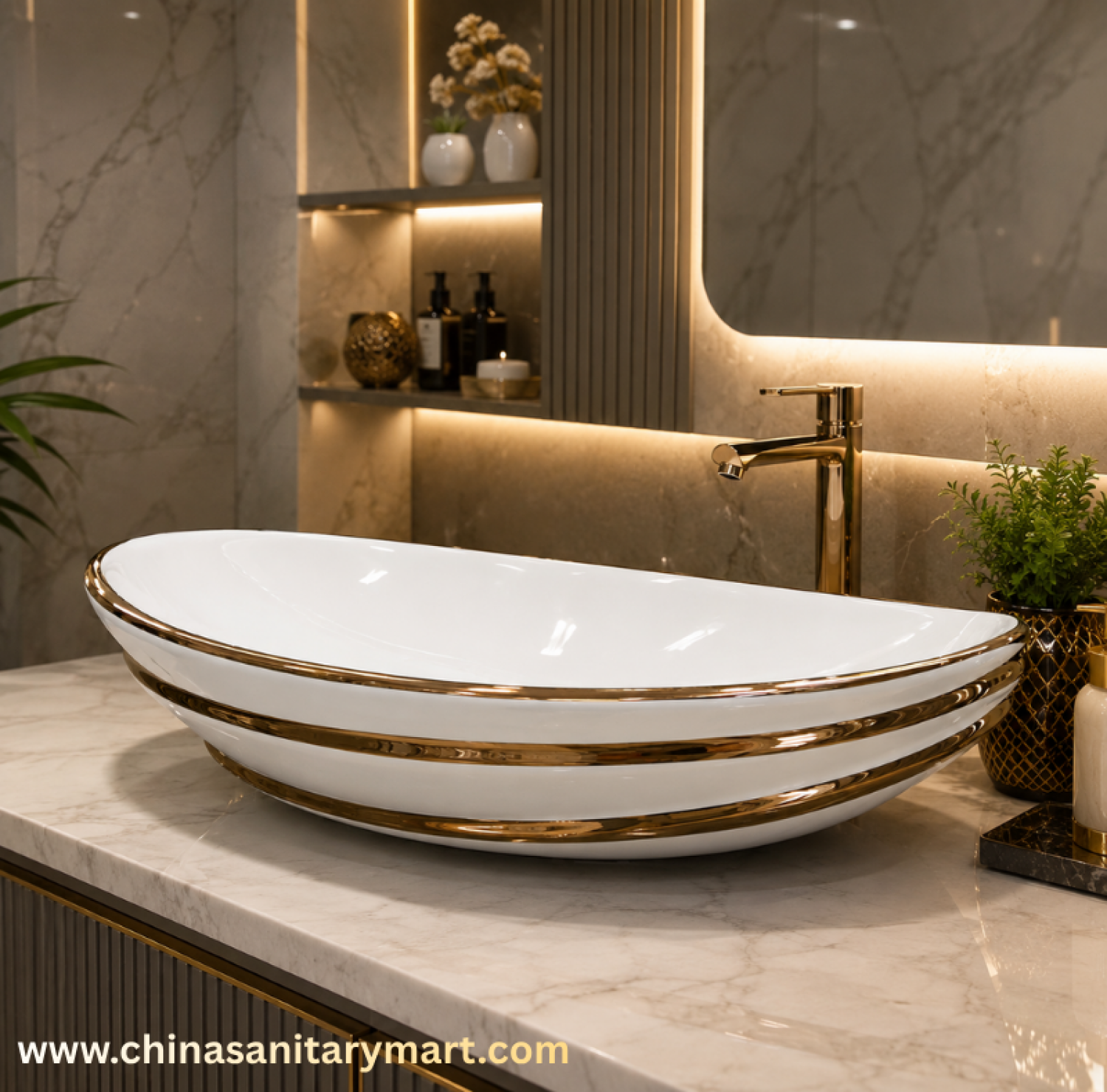 24x15 top basin,boat shape basin,white ceramic basin,golden outline basin,counter top wash basin,luxury bathroom basin,premium top basin,designer wash basin,China Sanitary Mart,Bangladesh