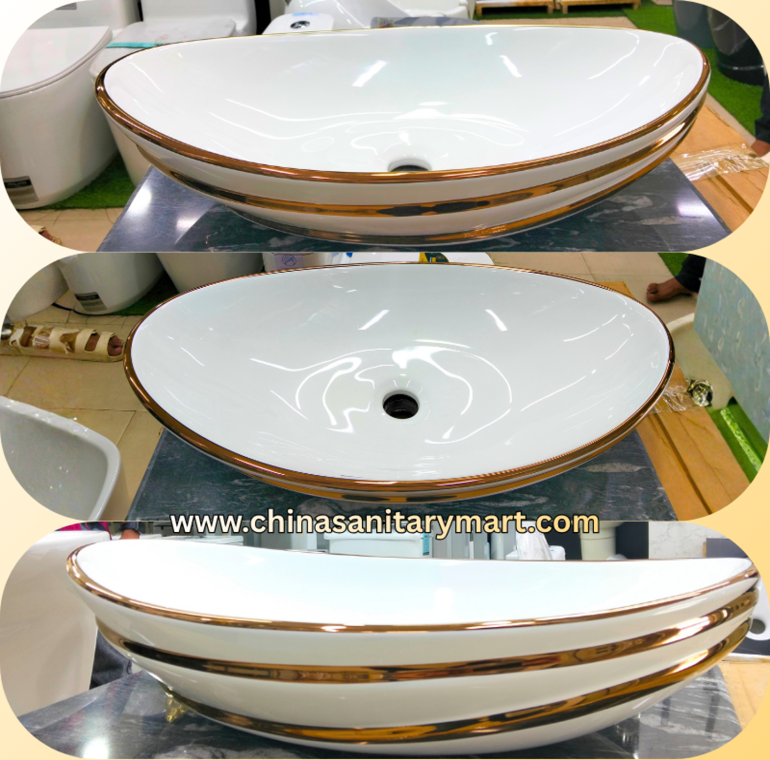 24x15 top basin,boat shape basin,white ceramic basin,golden outline basin,counter top wash basin,luxury bathroom basin,premium top basin,designer wash basin,China Sanitary Mart,Bangladesh