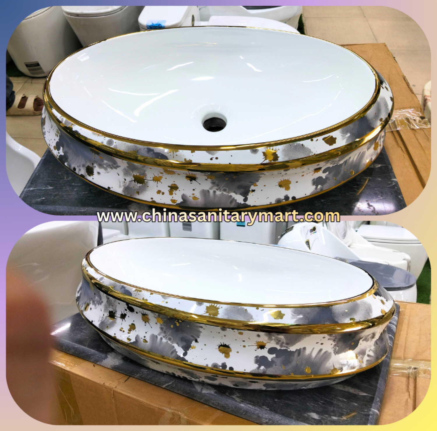 24x16 oval art basin,AR-AB-8213-D1 wash basin,golden outline basin,grey splash pattern basin,ceramic top basin,counter top wash basin,premium bathroom basin,designer ceramic basin,China Sanitary Mart,Bangladesh