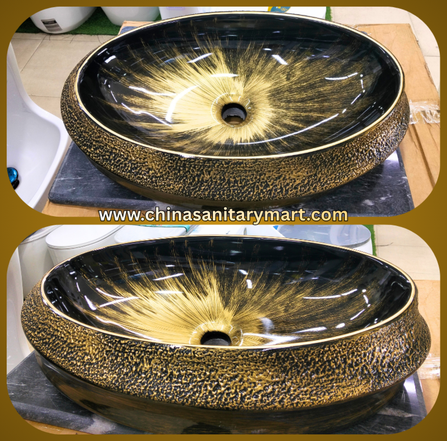 24x16 black gold basin,oval shape top basin,black pupil pattern basin,golden art wash basin,designer ceramic basin,counter top wash basin,premium bathroom basin,luxury top basin,China Sanitary Mart,Bangladesh