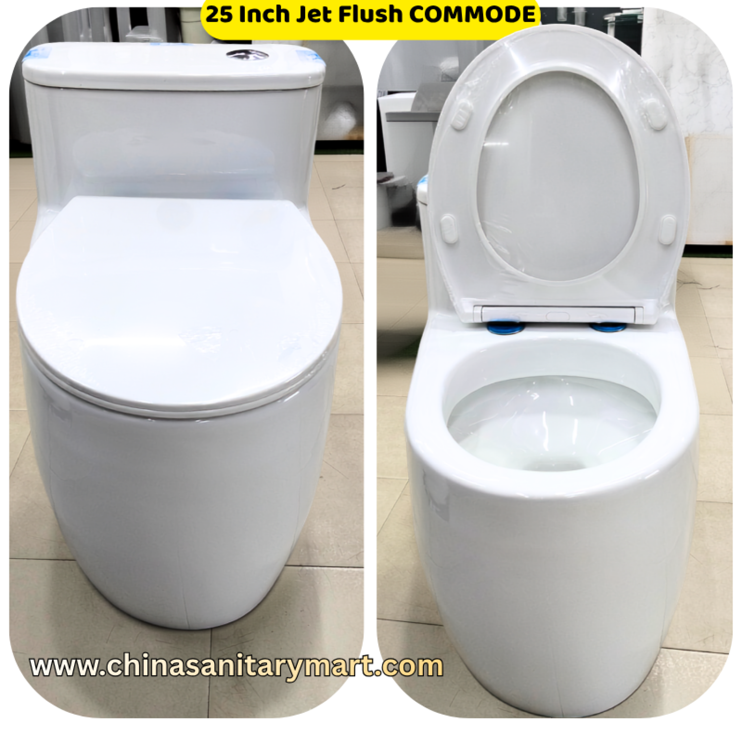 25 inch jet flush commode,AR-T9013 white commode,one piece ceramic toilet,white bathroom commode,soft close toilet seat,jet flush toilet,premium ceramic commode,modern bathroom toilet,China Sanitary Mart,Bangladesh