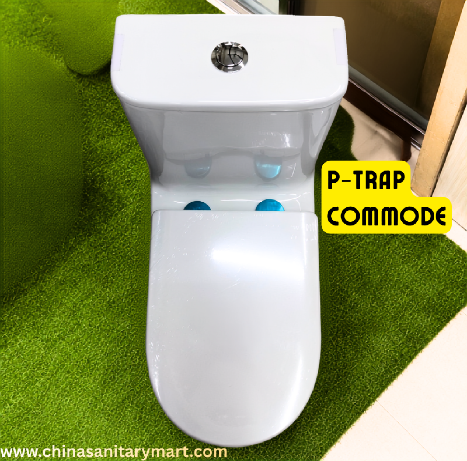 AR-T9021 White P Trap Commode, white ceramic toilet, one piece P Trap commode, glossy white toilet, wall outlet commode, soft close UF seat, premium ceramic toilet, modern bathroom commode, China Sanitary Mart, Bangladesh