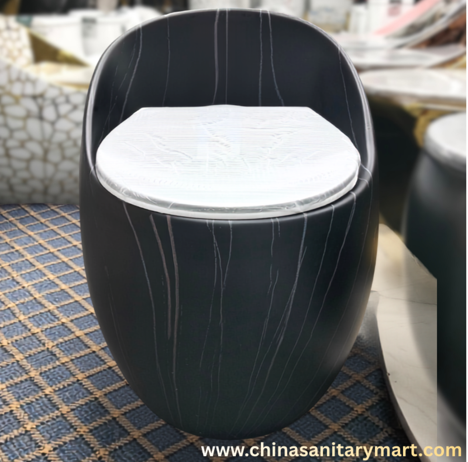 ST-5566-D4 Black Marble Commode, black marble ceramic toilet, egg shape one piece commode, luxury black toilet, matte black bathroom commode, soft close UF seat, premium ceramic toilet, modern bathroom commode, China Sanitary Mart, Bangladesh